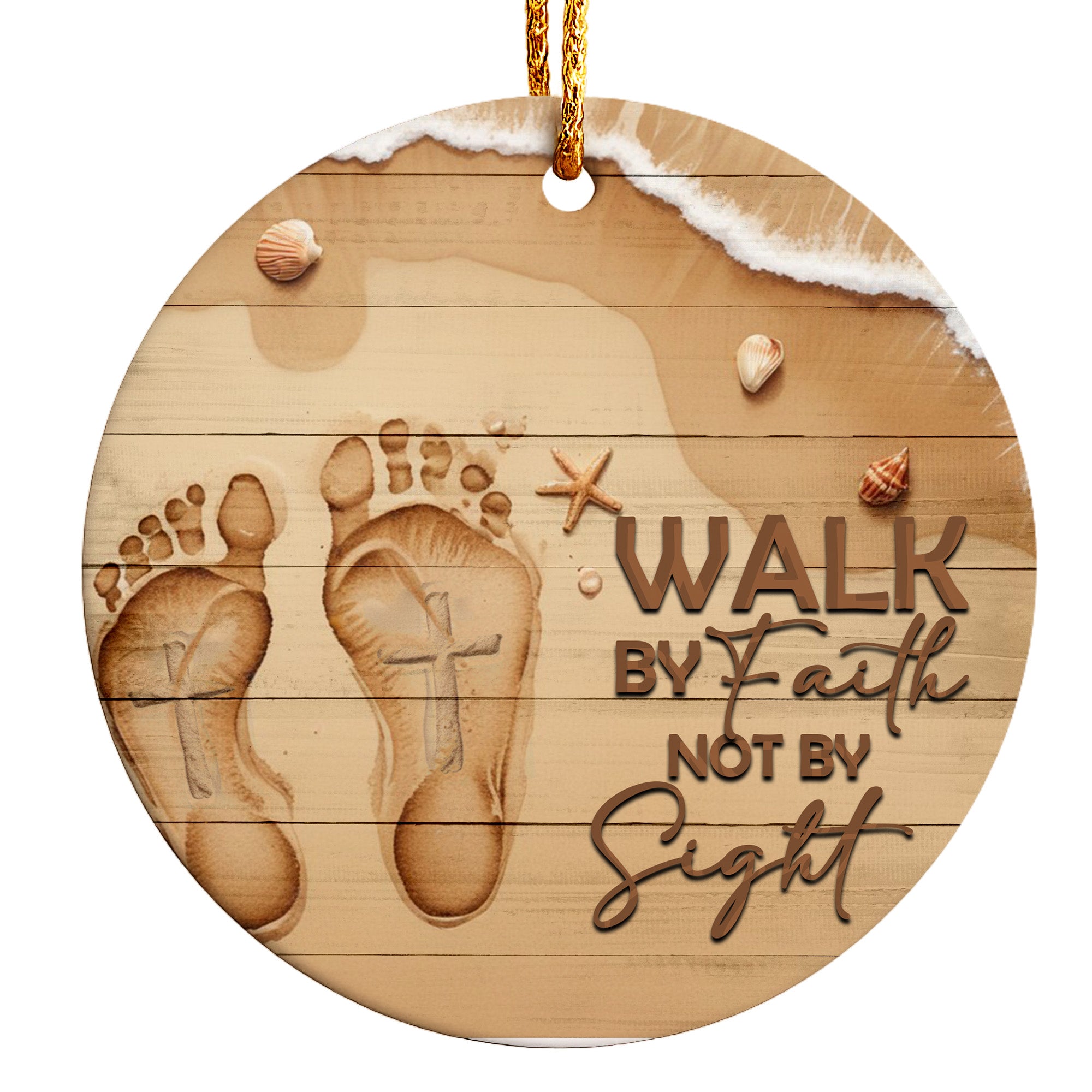 Personalized Footprints in the Sand Ceramic Ornament - "Walk by Faith" Beach Design - Perfect Inspirational Gift - Image 1