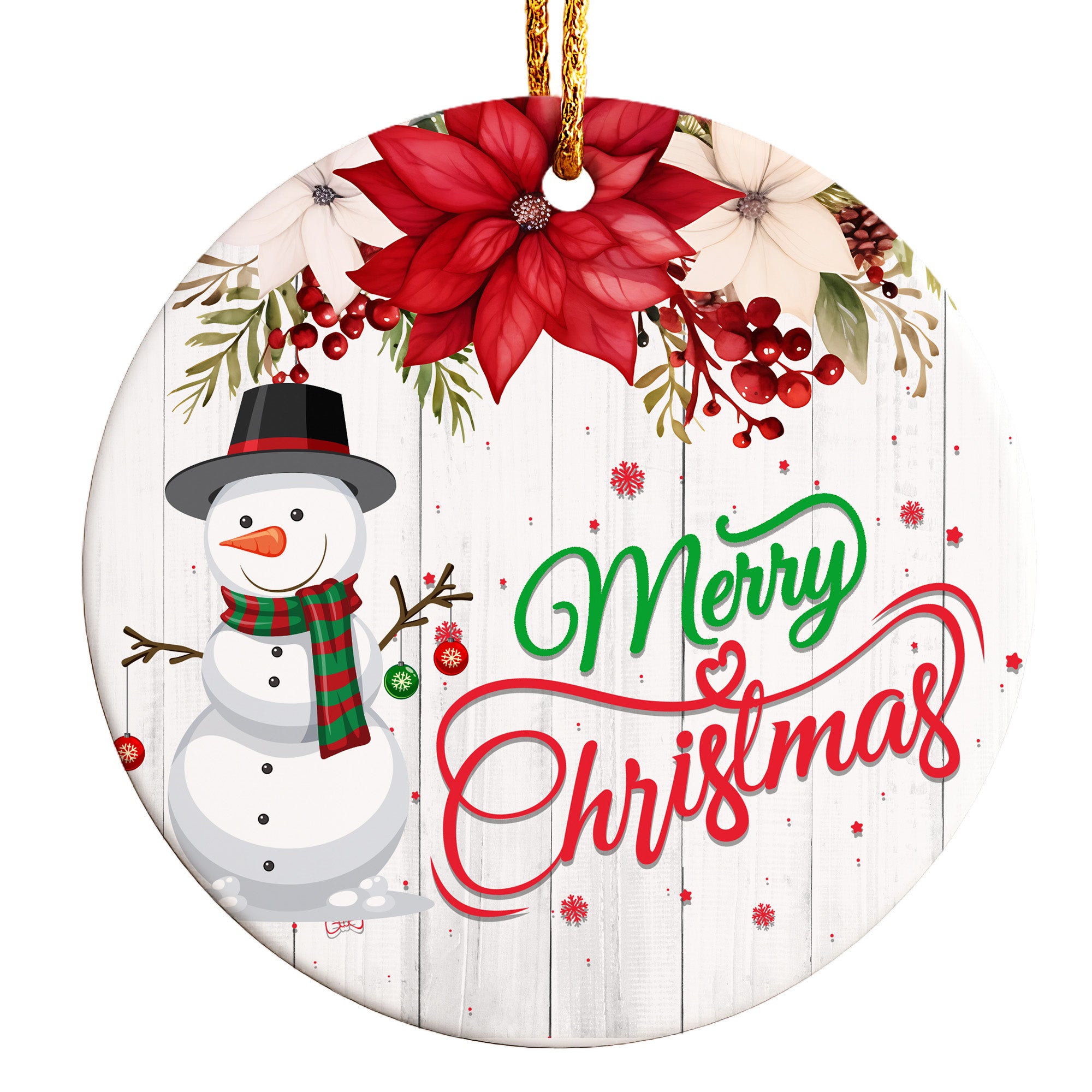 Personalized Merry Christmas Ceramic Ornament with Snowman and Poinsettia - Custom Holiday Decoration - Image 1