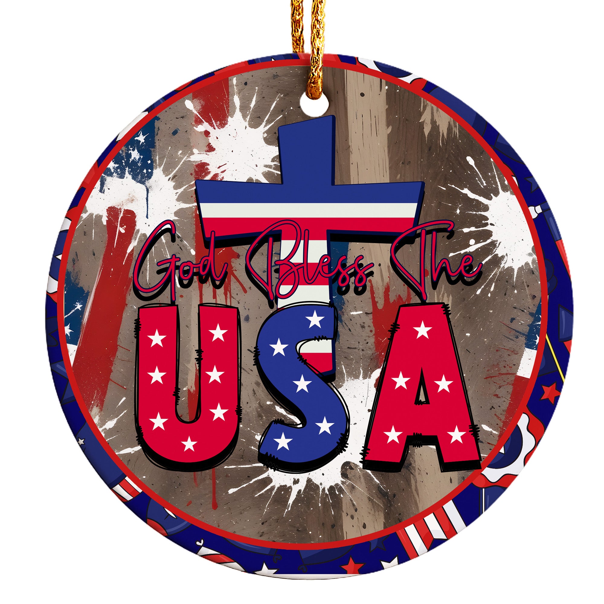 Personalized "God Bless The USA" Ceramic Ornament – Patriotic Home Decor with Cross Design, Perfect for Unique Holiday Gifting - Image 1