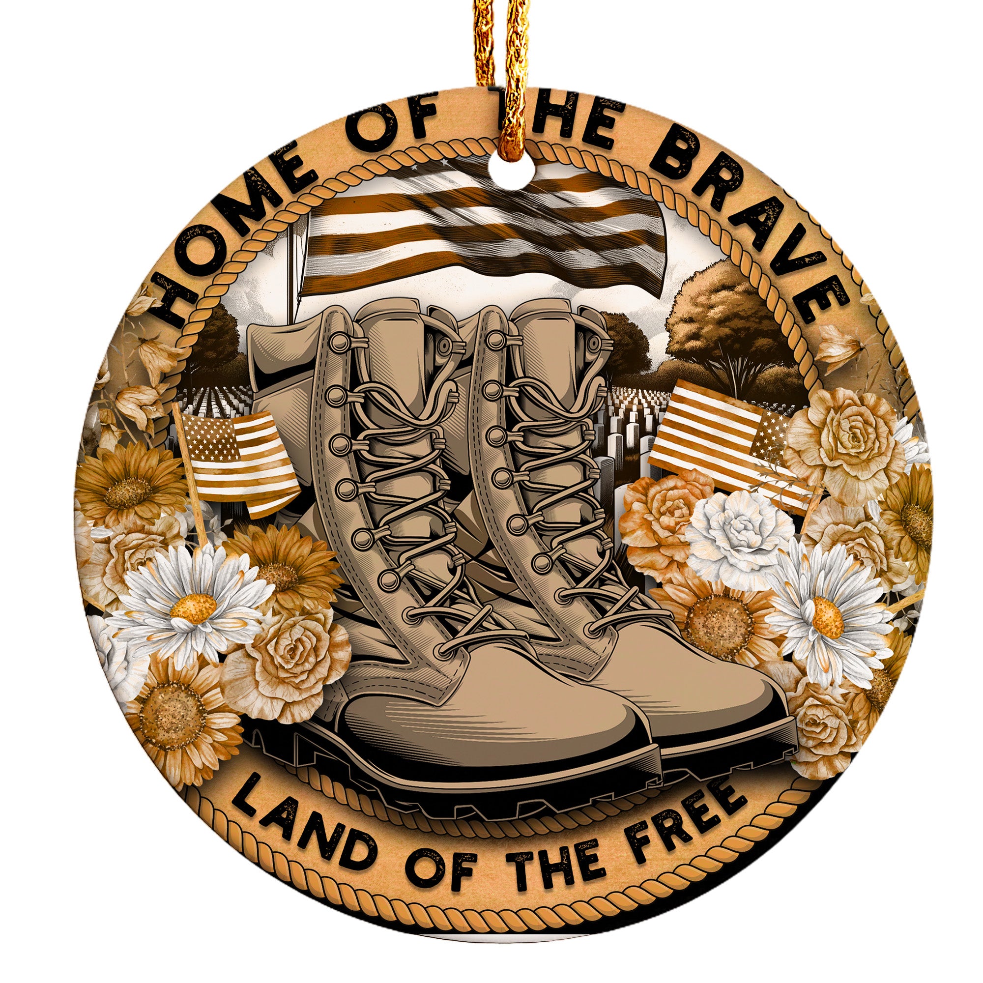 Personalized Ceramic Ornament - "Home of the Brave" Tribute with Military Boots and Floral Design - Image 1