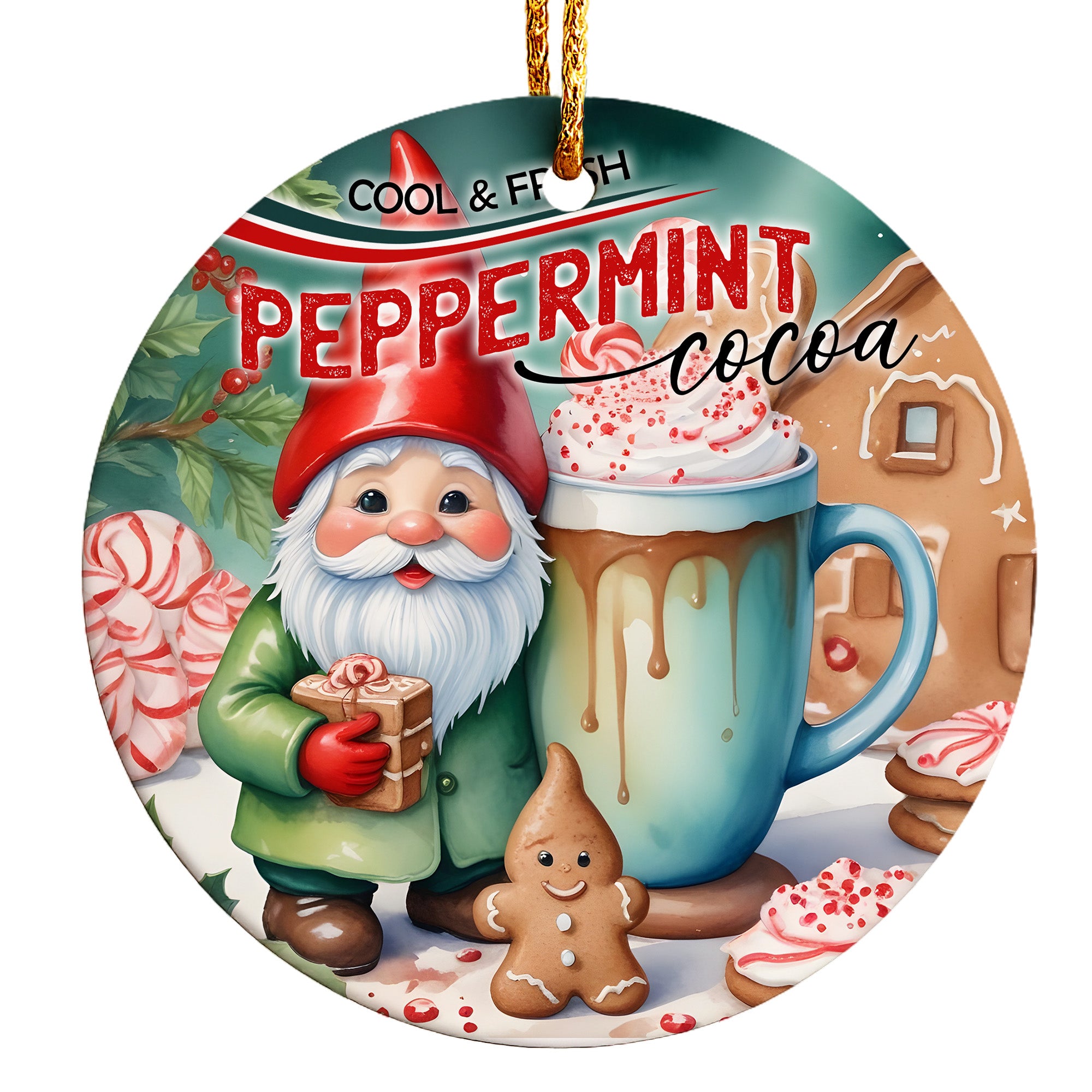 Personalized Peppermint Cocoa Christmas Ornament – Handmade Ceramic Gift with Festive Gnome Design - Image 1