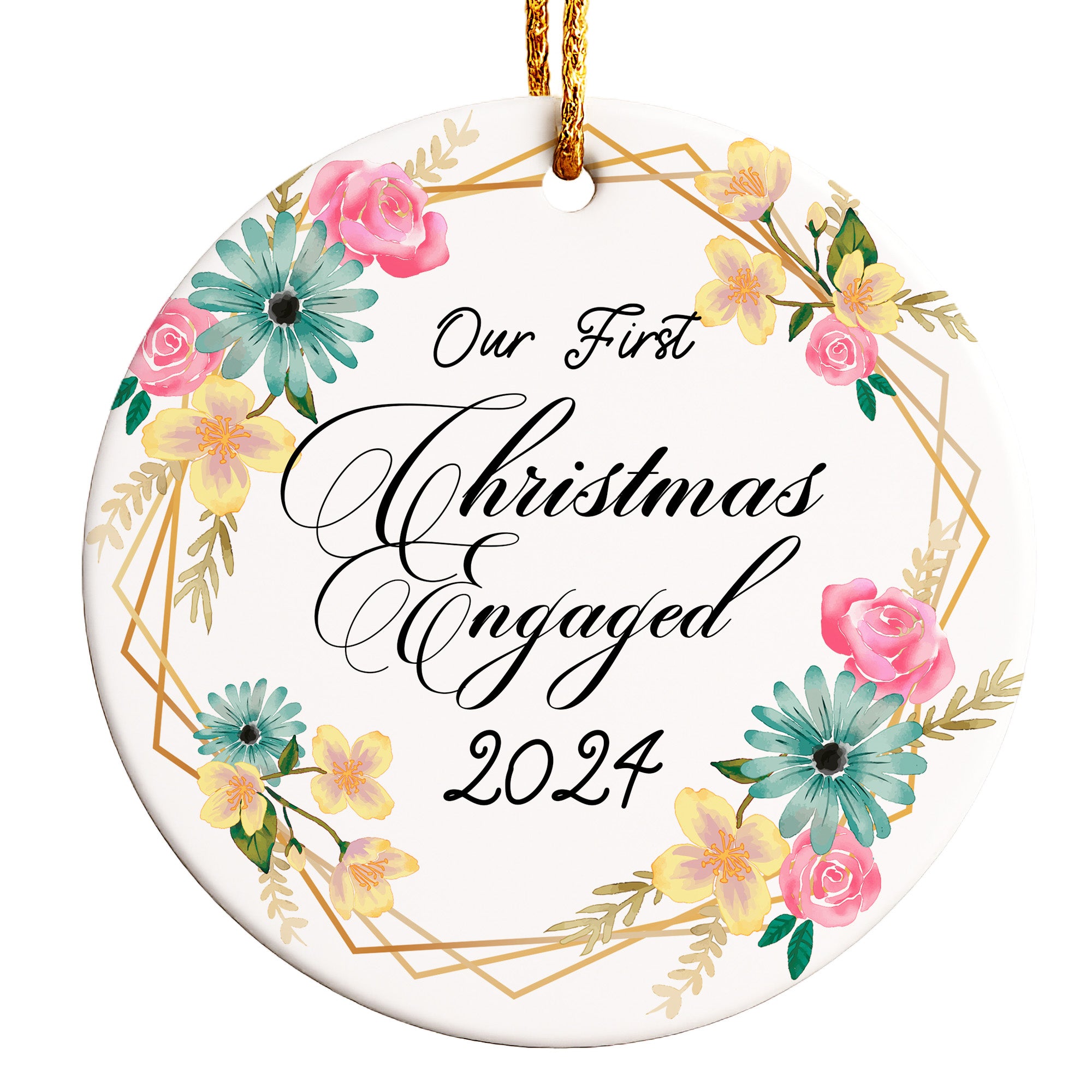 Personalized "Our First Christmas Engaged 2024" Ceramic Ornament - Handmade Floral Decor Keepsake - Image 1