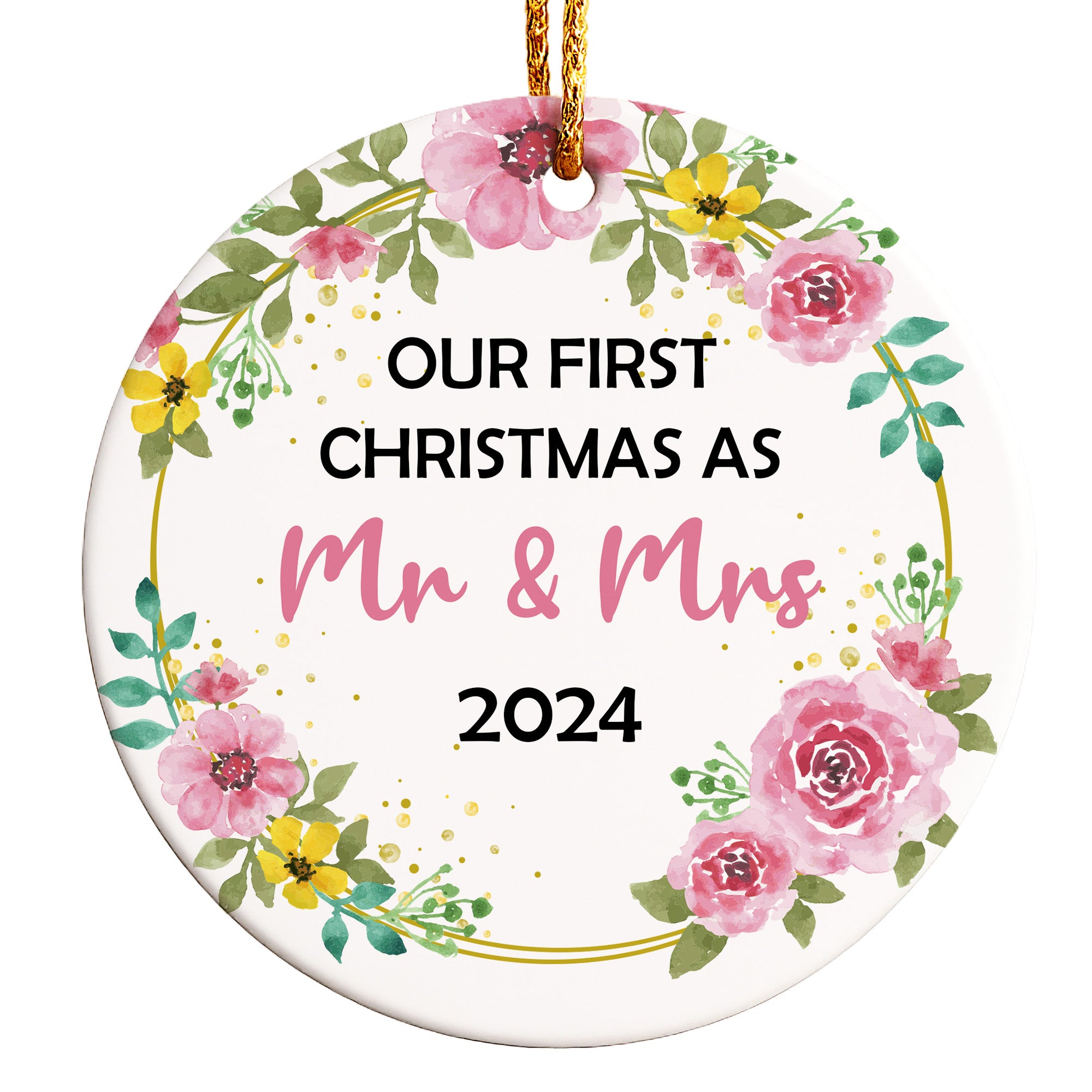Personalized "Our First Christmas as Mr & Mrs" 2024 Ceramic Ornament - Handcrafted Floral Keepsake - Image 1