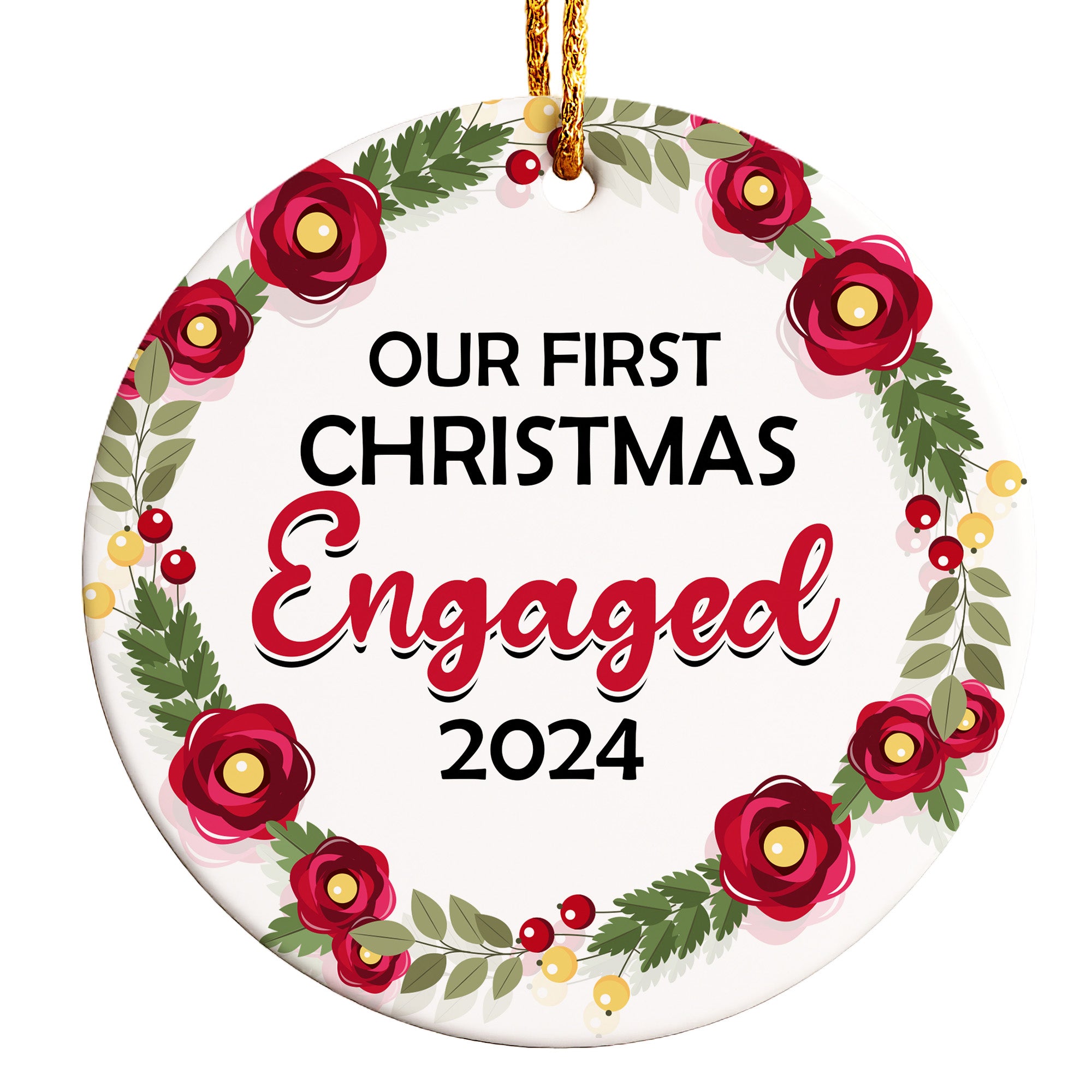 Personalized "Our First Christmas Engaged" Floral Ornament 2024 - Handcrafted Ceramic Keepsake for Couples - Image 1