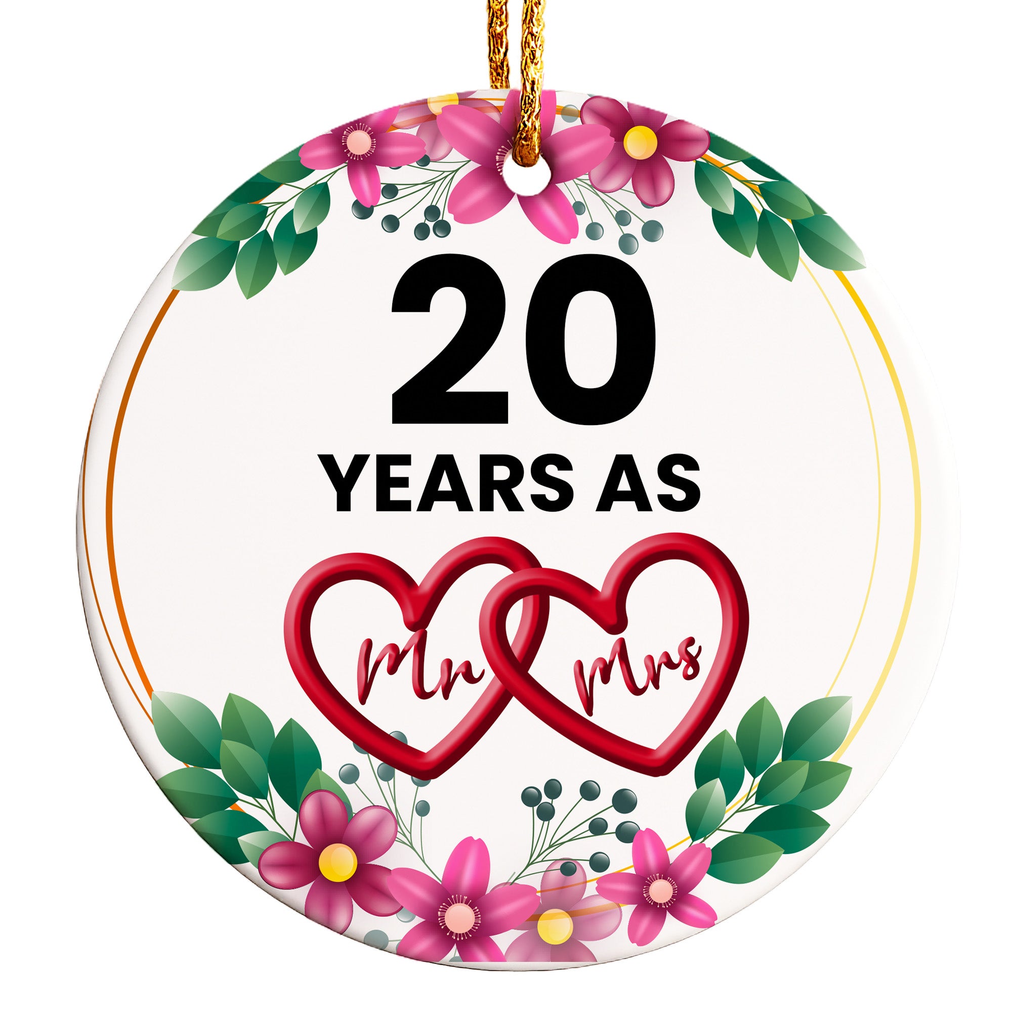 Celebrate 20 Years of Love with Our Personalized Floral Heart Mr & Mrs Ceramic Ornament – Perfect Anniversary Gift - Image 1