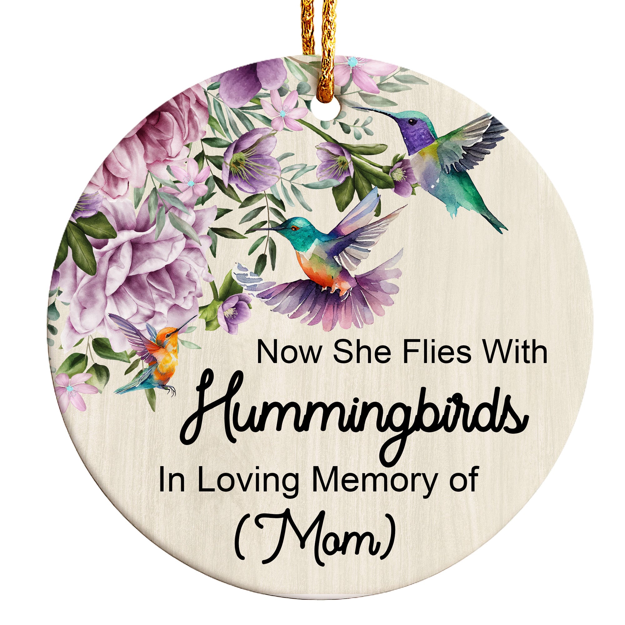 Personalized Memorial Ceramic Ornament with Hummingbirds and Florals - Tribute to Mom, Customizable Gift for Mother's Memory - Image 1