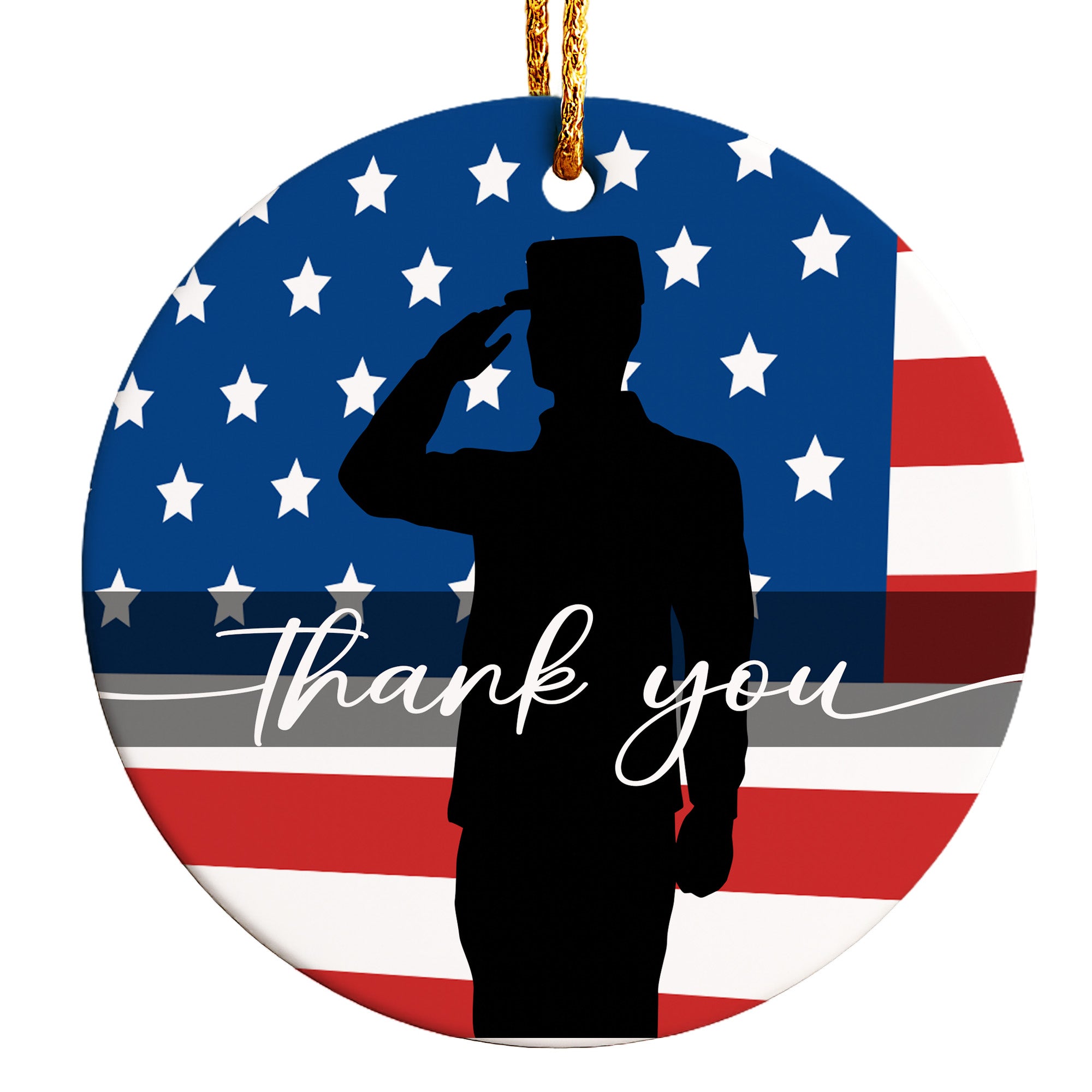Personalized Patriotic Ceramic Ornament - Handmade USA Flag Design with Soldier Silhouette and Thank You Message - Perfect Veterans Day Gift - Image 1
