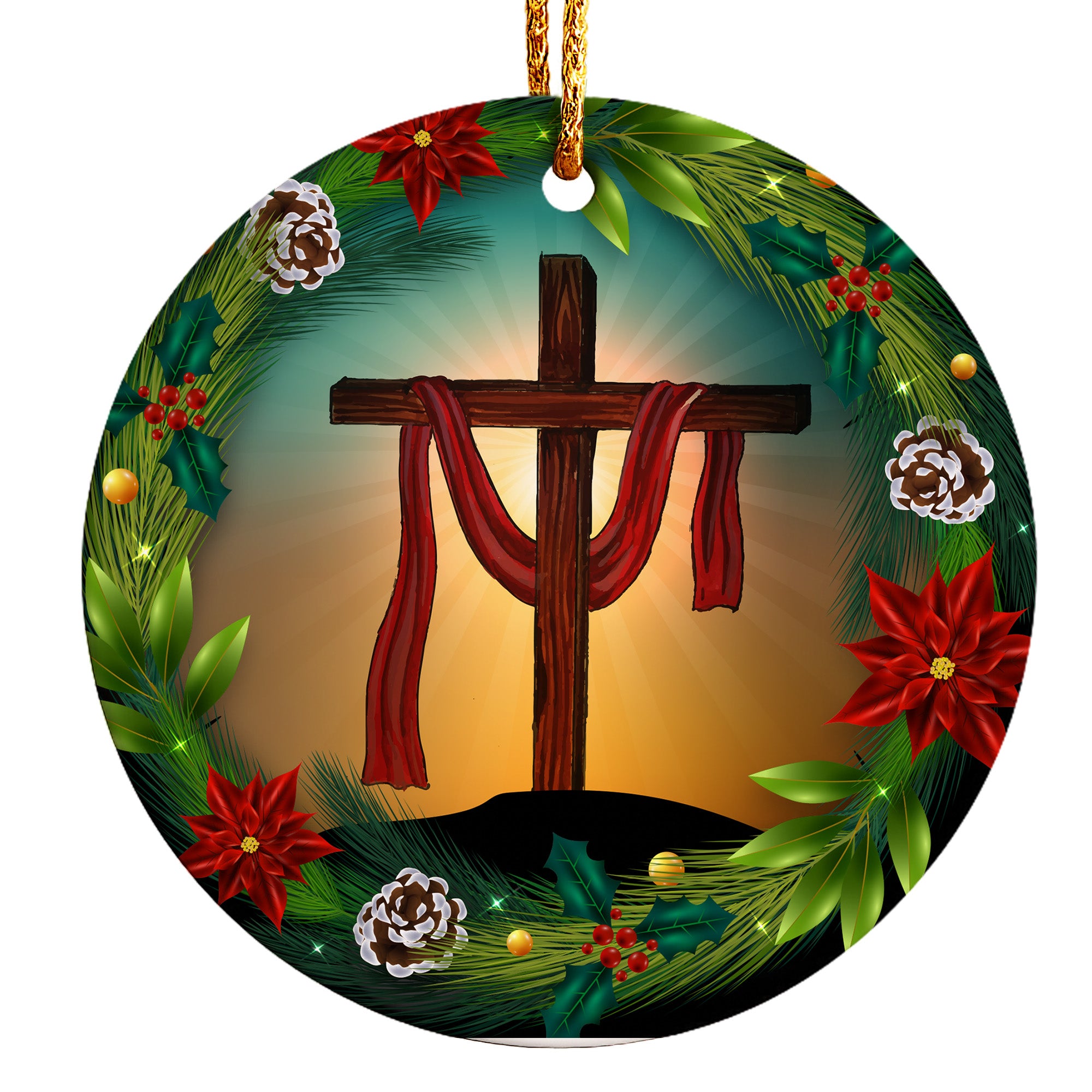 Personalized Radiant Cross Ceramic Ornament with Seasonal Wreath Design – Perfect Custom Gift for Faithful Celebrations - Image 1
