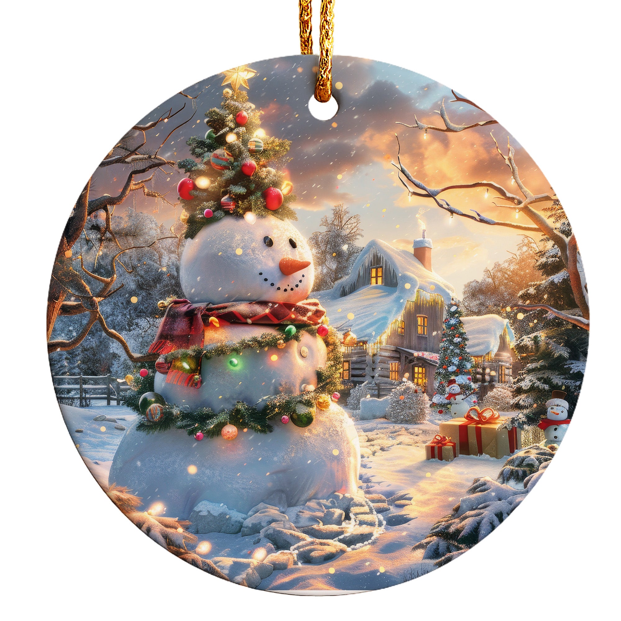 Personalized Winter Wonderland Ceramic Ornament - Handcrafted Snowman and Cozy Cabin Scene - Perfect Holiday Gift - Image 1