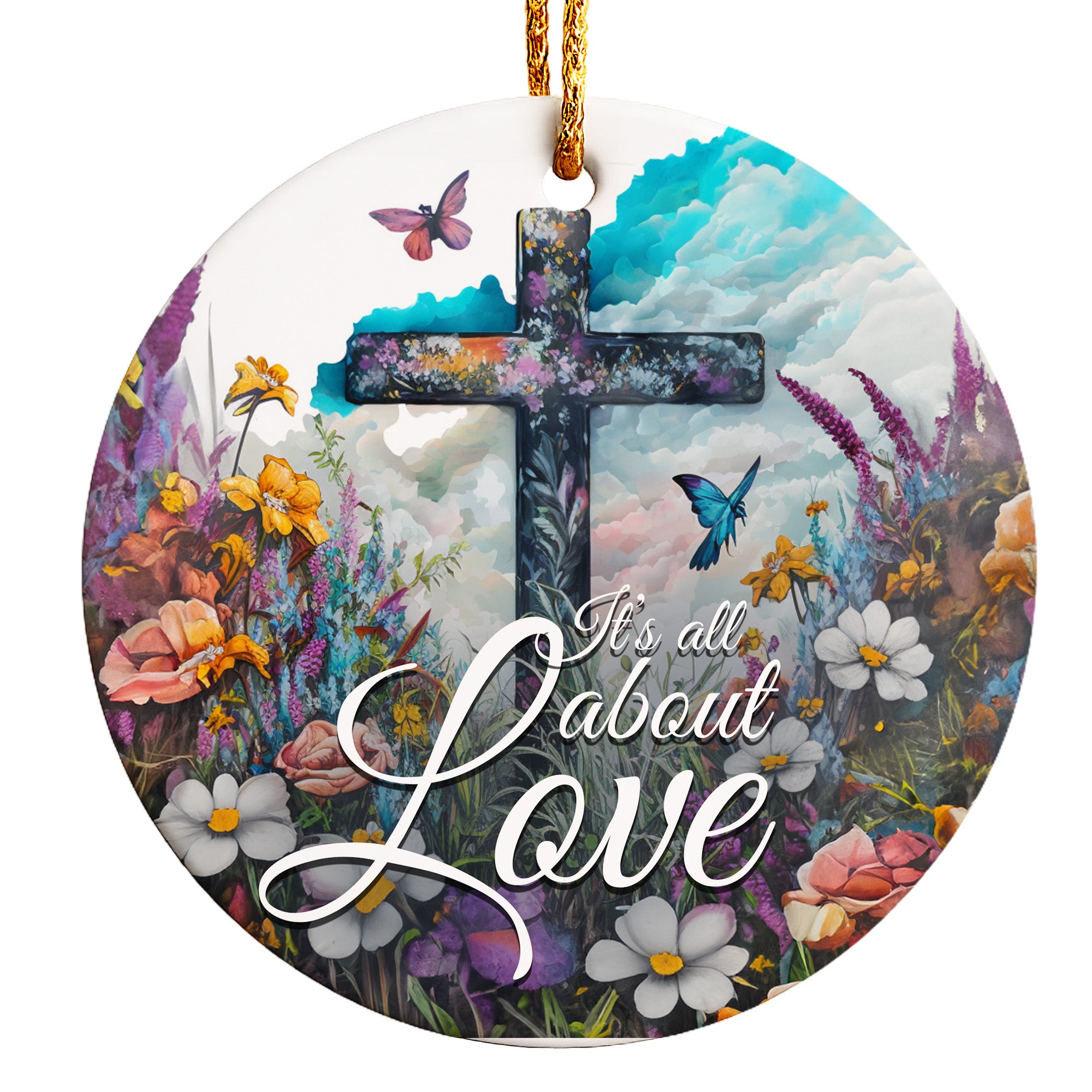 Personalized Floral Ceramic Ornament with Cross and Inspirational Quote – Customizable Gift for Special Occasions - Image 1