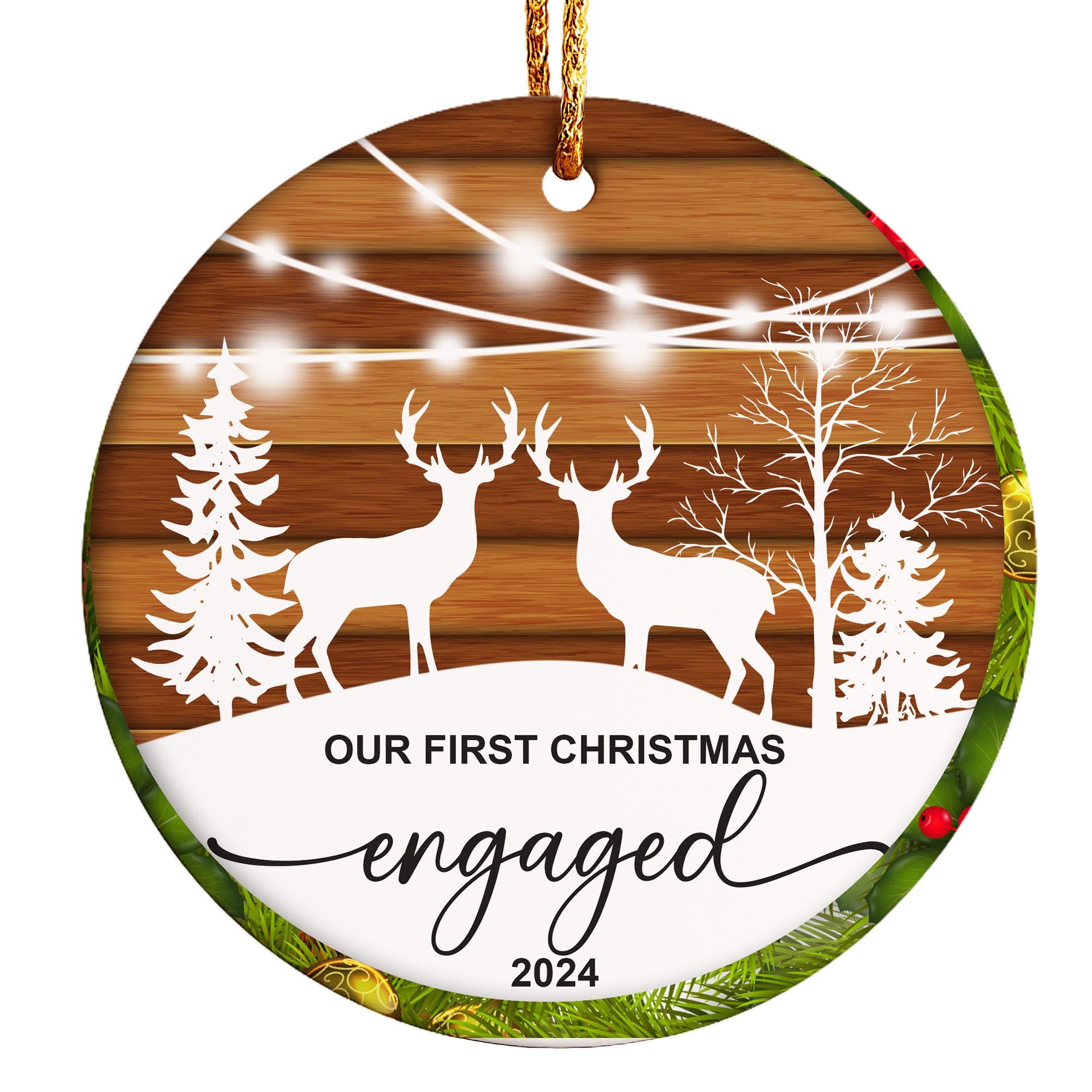 Personalized "Our First Christmas Engaged" Ceramic Ornament 2024 - Customizable Gift for Couples - Image 1