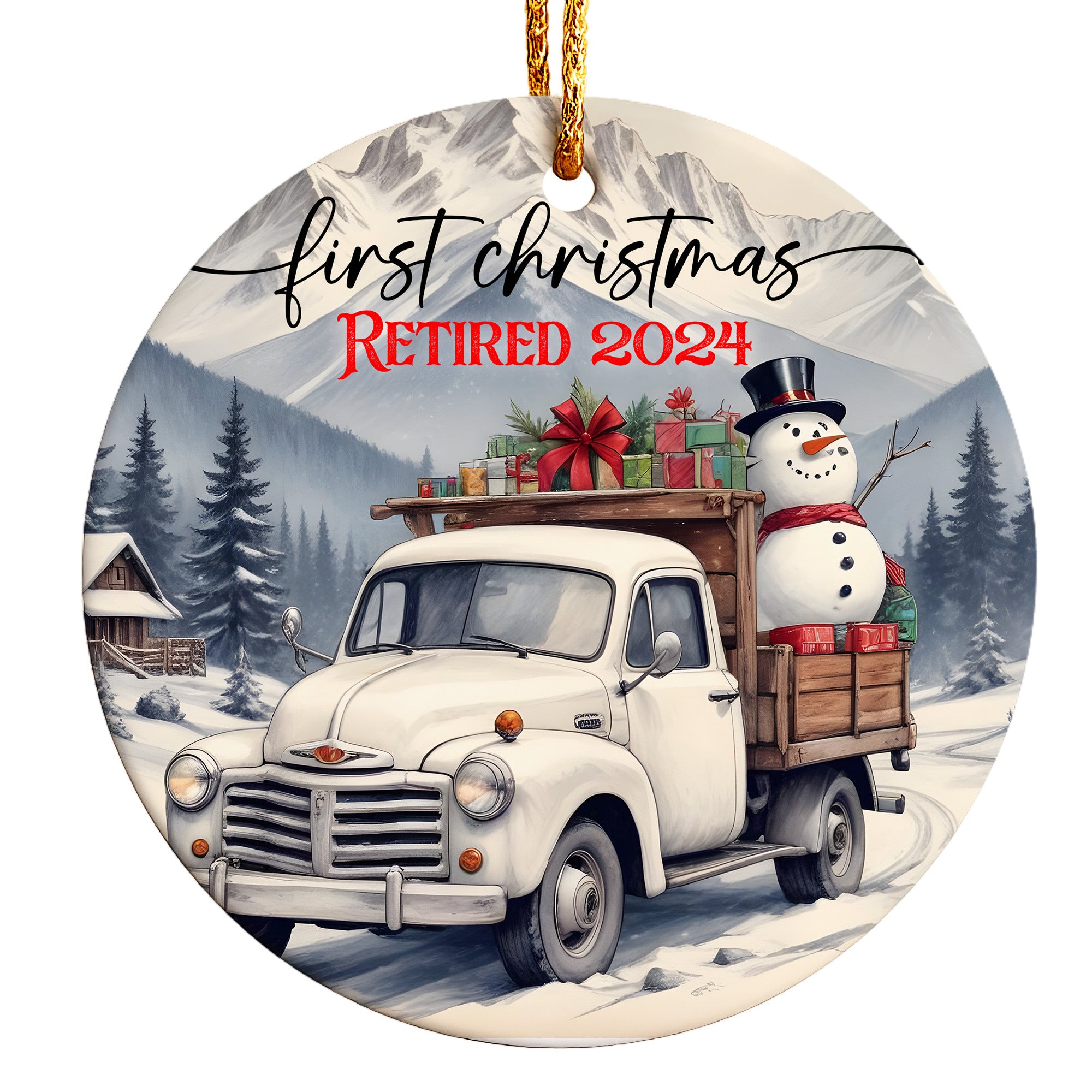 Personalized First Christmas 2024 Retirement Ceramic Ornament – Handcrafted Keepsake with Vintage Truck and Snowman Design - Image 1