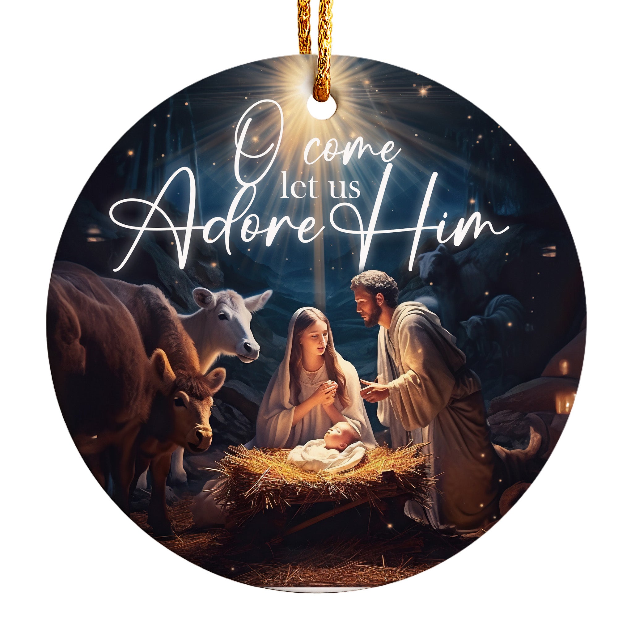 Personalized Nativity Scene Ceramic Ornament – Handmade Keepsake with Inspirational "O Come Let Us Adore Him" Design - Image 1