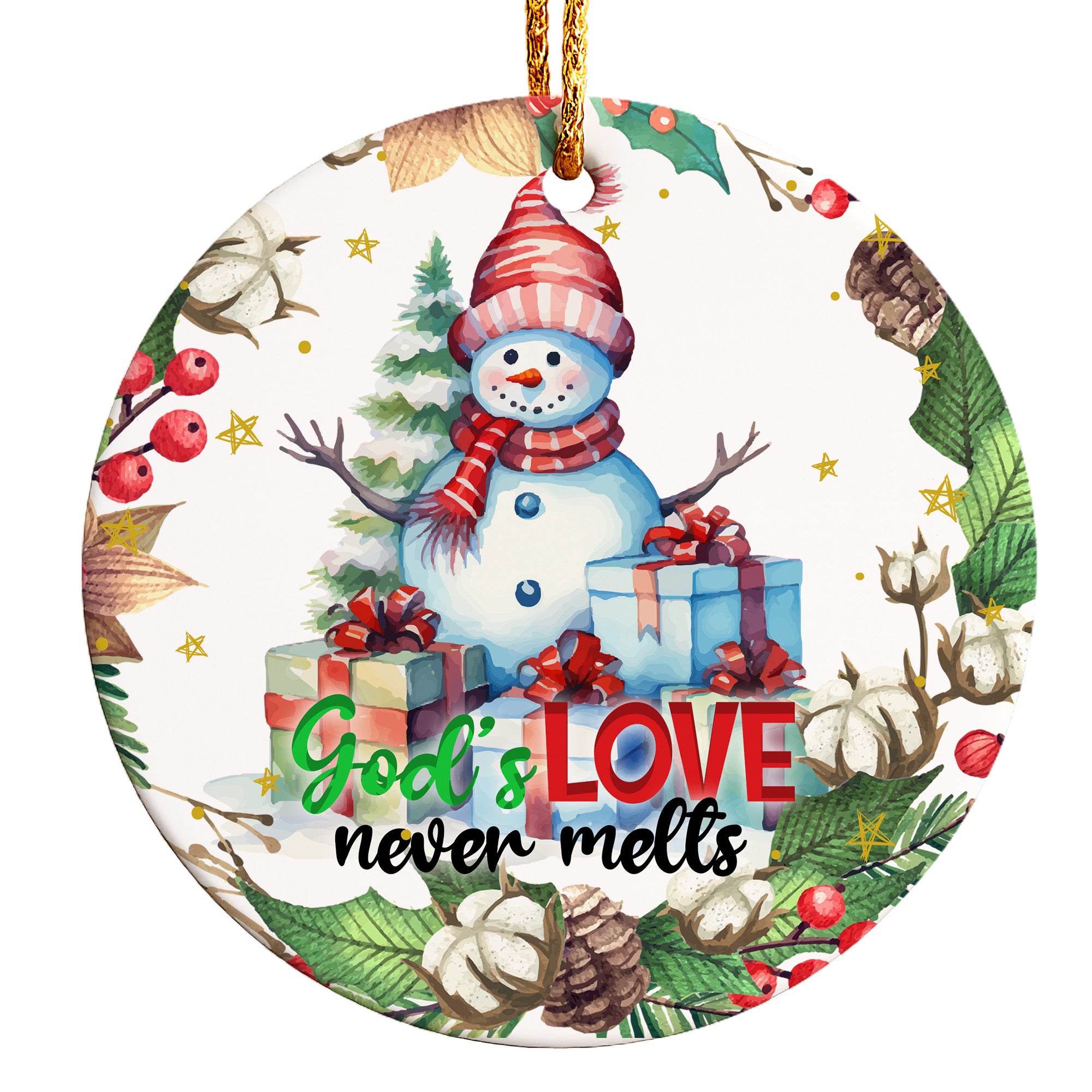 Personalized Holiday Ceramic Ornament - Heartfelt Snowman Design - God's Love Never Melts - Perfect Christmas Gift for Family & Friends - Image 1