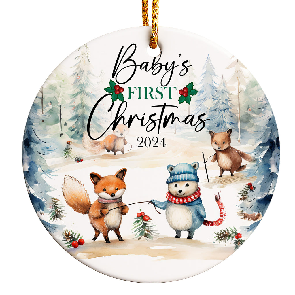 Personalized Baby's First Christmas 2024 Ceramic Ornament - Handcrafted with Woodland Animal Design, Perfect for New Parents and Holiday Keepsakes - Image 1