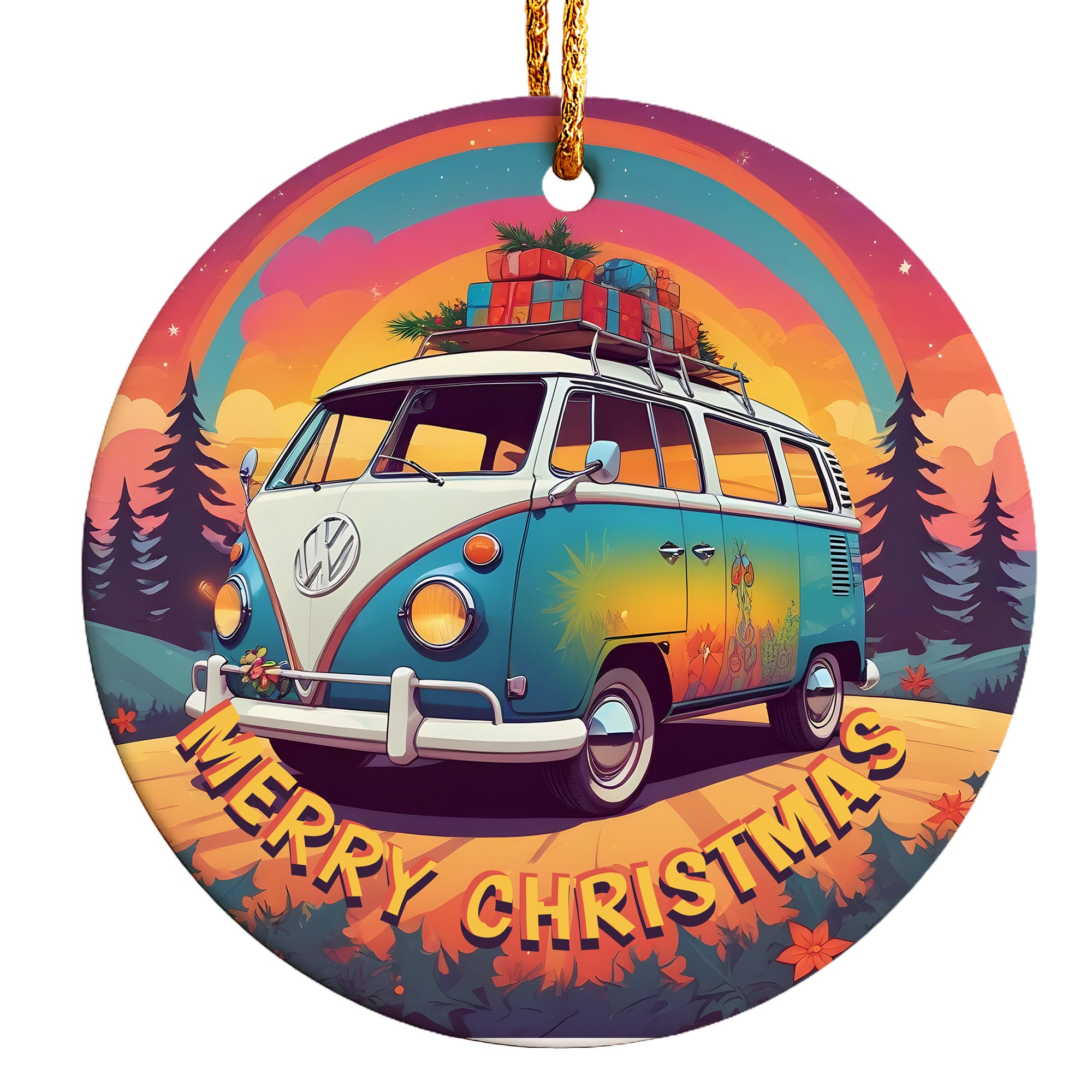 Personalized Merry Christmas Ceramic Ornament with Retro Van Design - Perfect Customized Gift for Adventurous Souls - Image 1