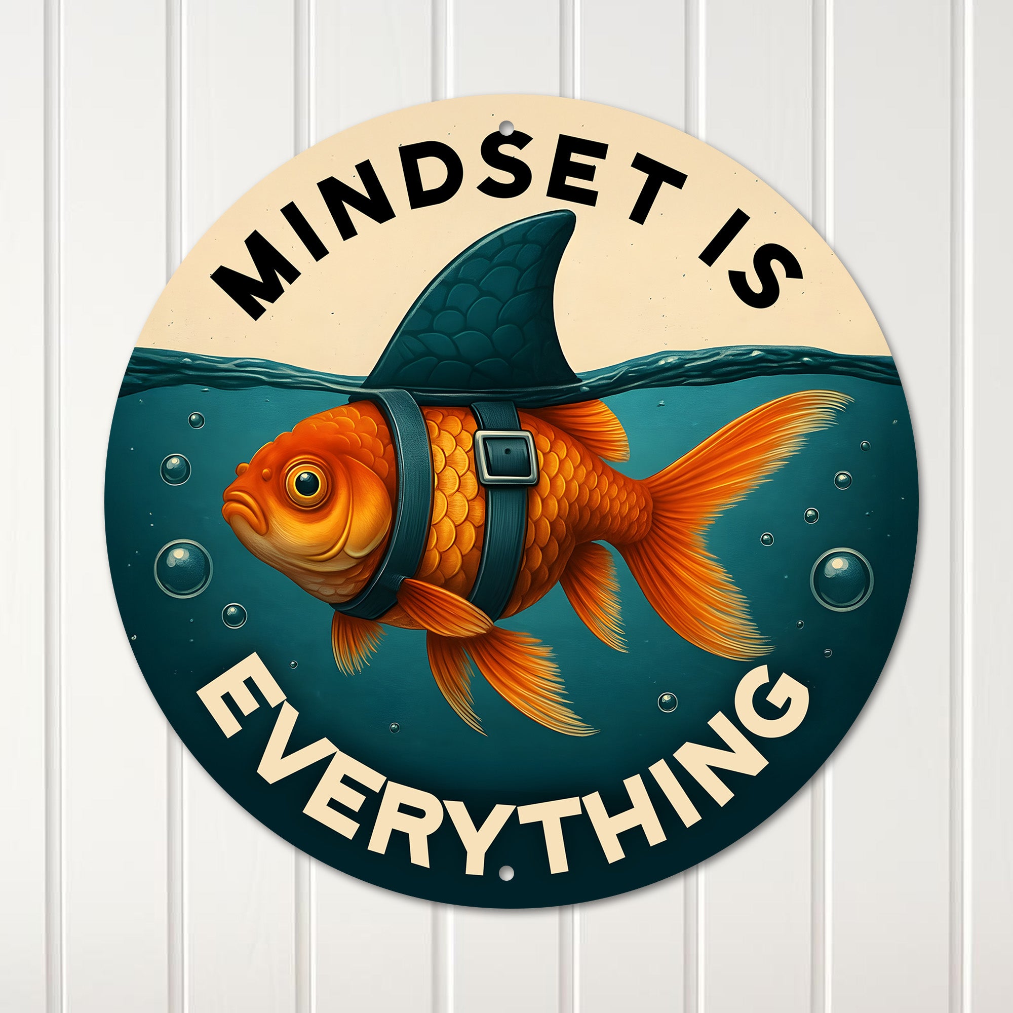 Personalized Metal Inspiration Sign - “Mindset is Everything” with Goldfish and Shark Fin Design for Unique Gift Giving - Image 1