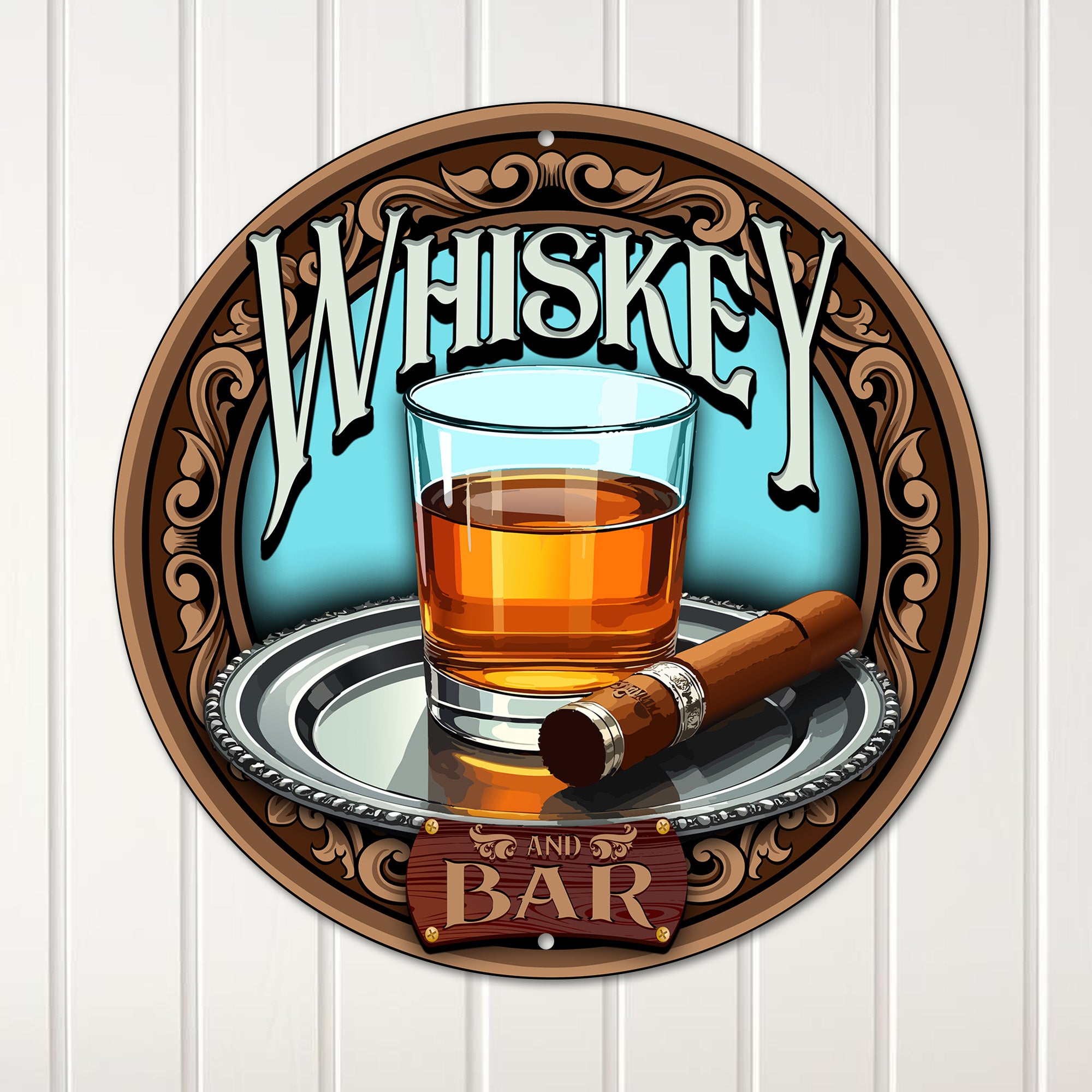 Personalized Whiskey & Cigar Metal Sign - Customizable Round Bar Decor for Whiskey Lovers - Image 1