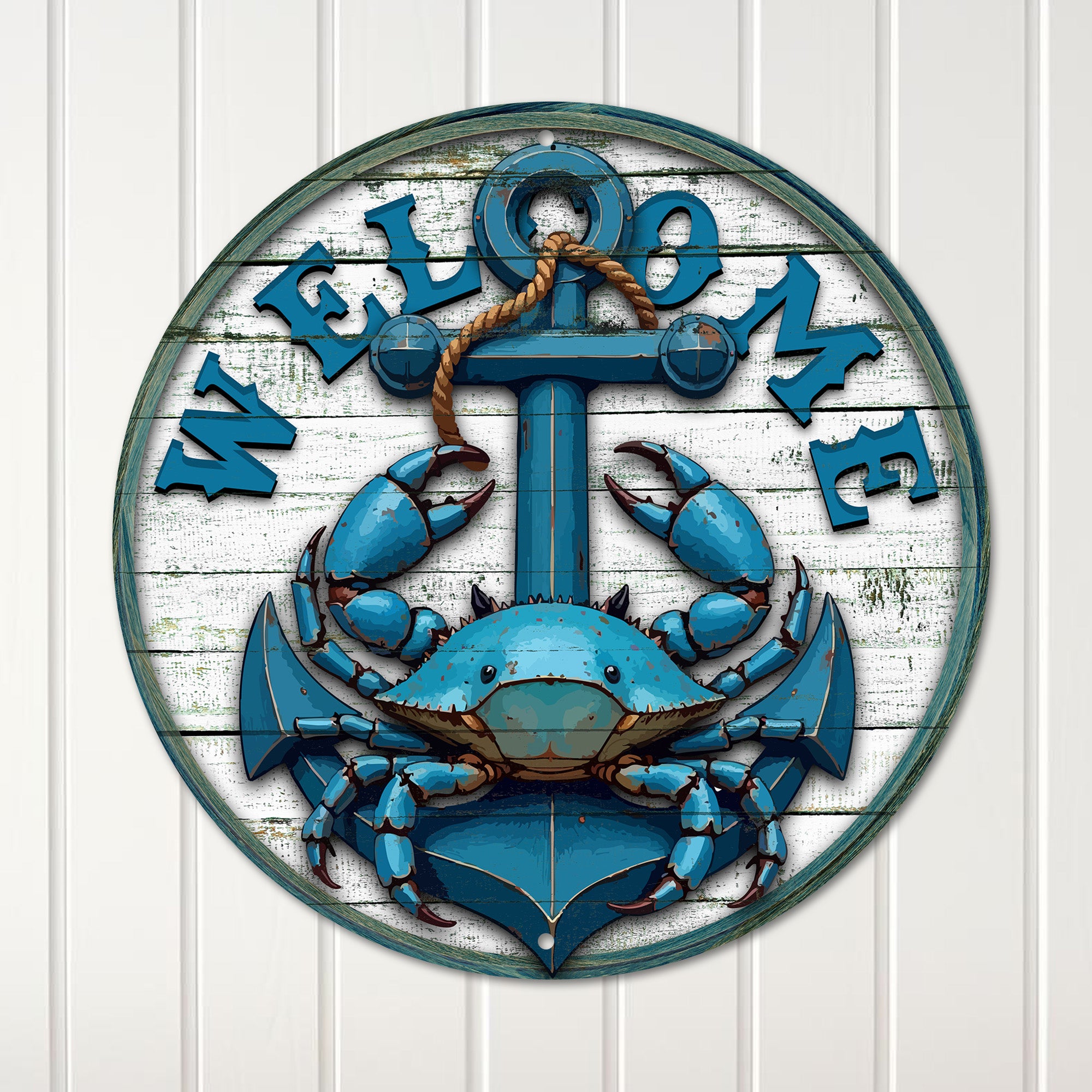 Personalized Coastal Welcome Sign – Nautical Crab and Anchor Design on Premium Metal – Perfect for Beach House Décor and Gifts - Image 1