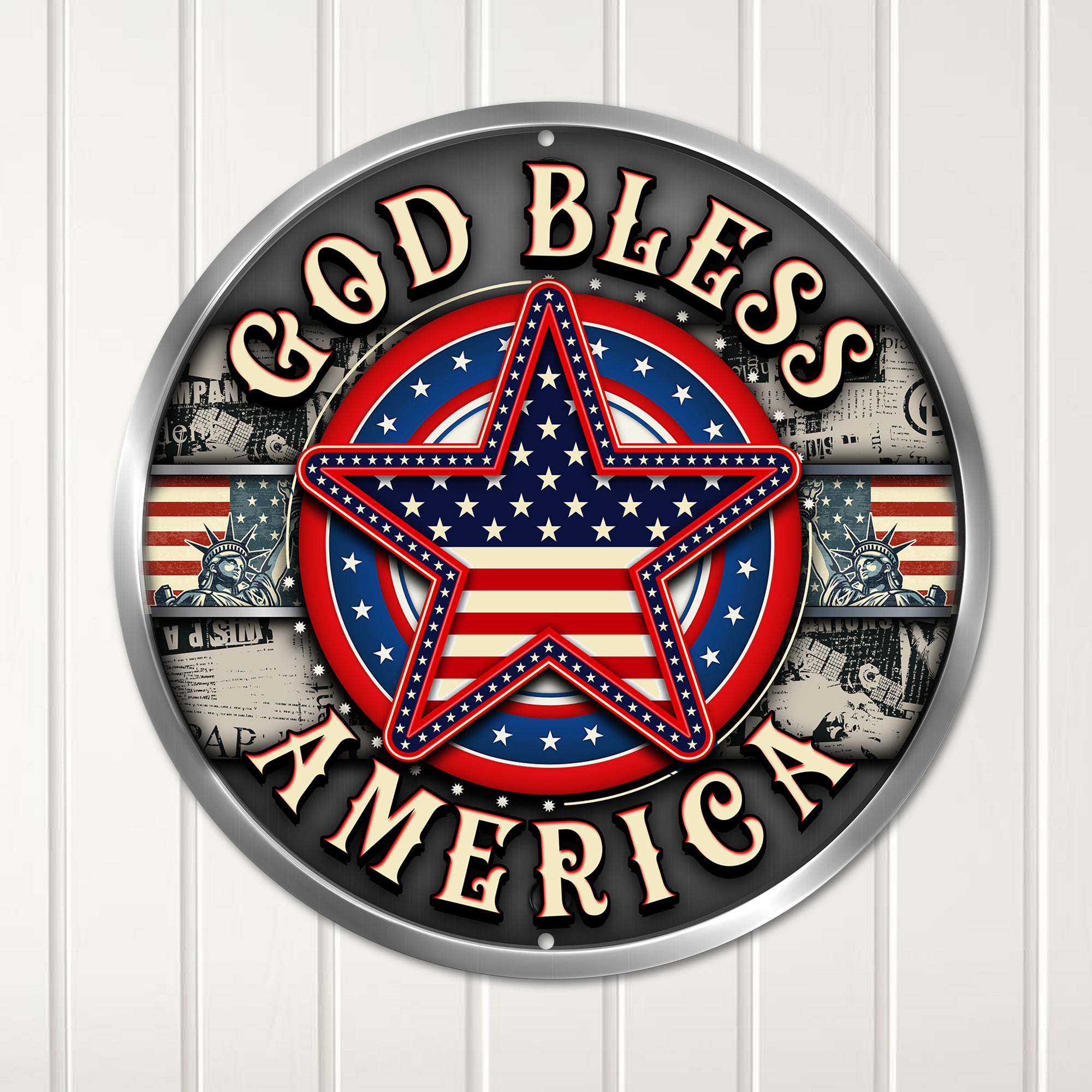 Personalized Patriotic Metal Wall Sign - "God Bless America" - Customizable Round Decor for Home or Gift - Image 1