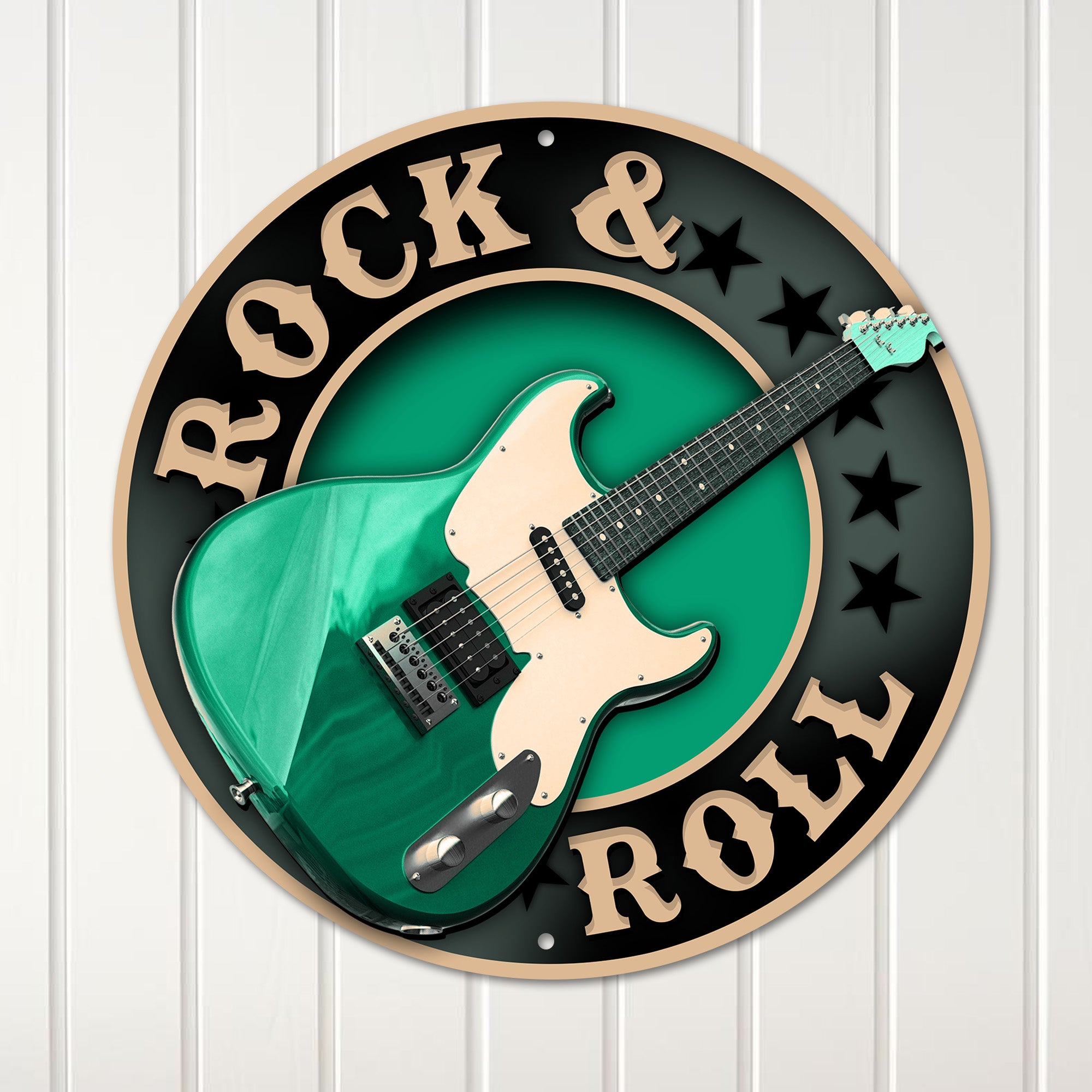 Personalized Rock & Roll Metal Sign - Custom Green Guitar Wall Art for Music Lovers - Image 1