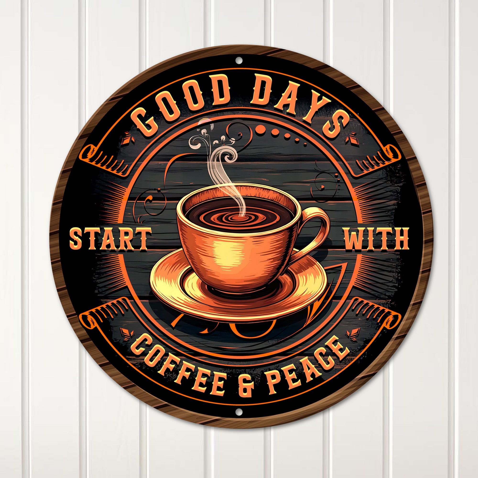 Personalized Rustic Coffee & Peace Metal Sign - Handcrafted Round Decor for Coffee Lovers - Image 1