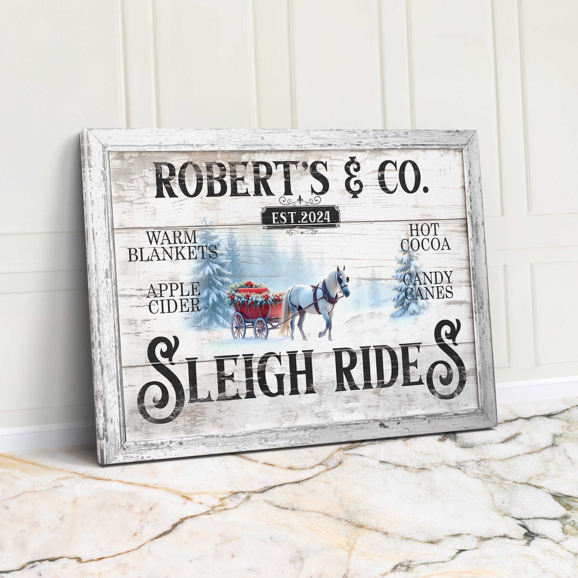 Personalized Rustic Sleigh Rides Canvas Art – Custom Family Name & Est. Year, Perfect Holiday Decor & Gift for Winter Wonderland Lovers - Image 1