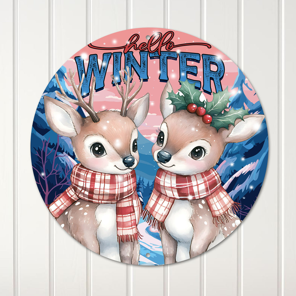Personalized "Hello Winter" Round Metal Sign – Charming Deer Design with Customizable Seasonal Decor for Heartwarming Gifts - Image 1