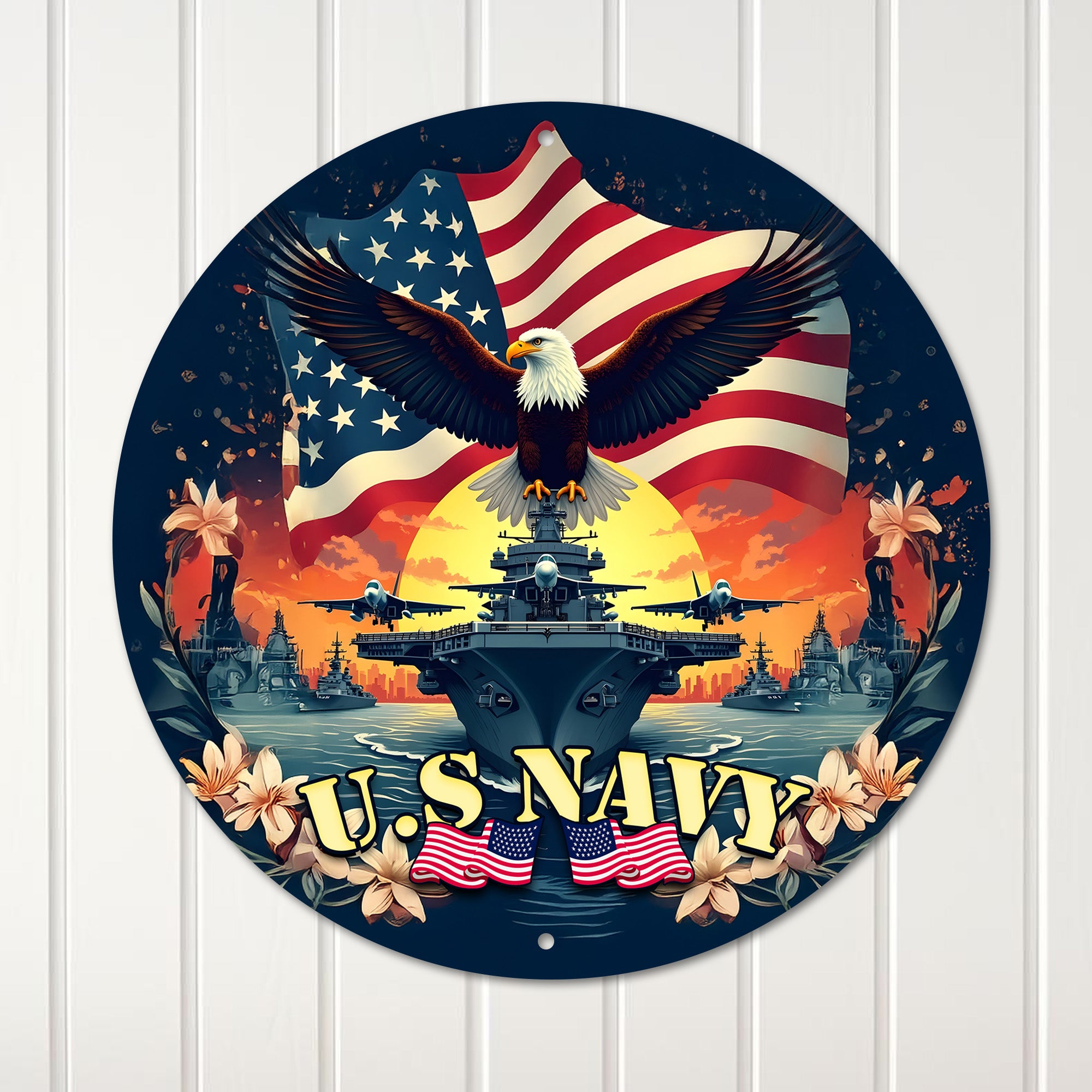 Personalized U.S. Navy Round Metal Sign - Patriotic Home Decor with American Eagle and Floral Accents for Military Enthusiasts - Image 1