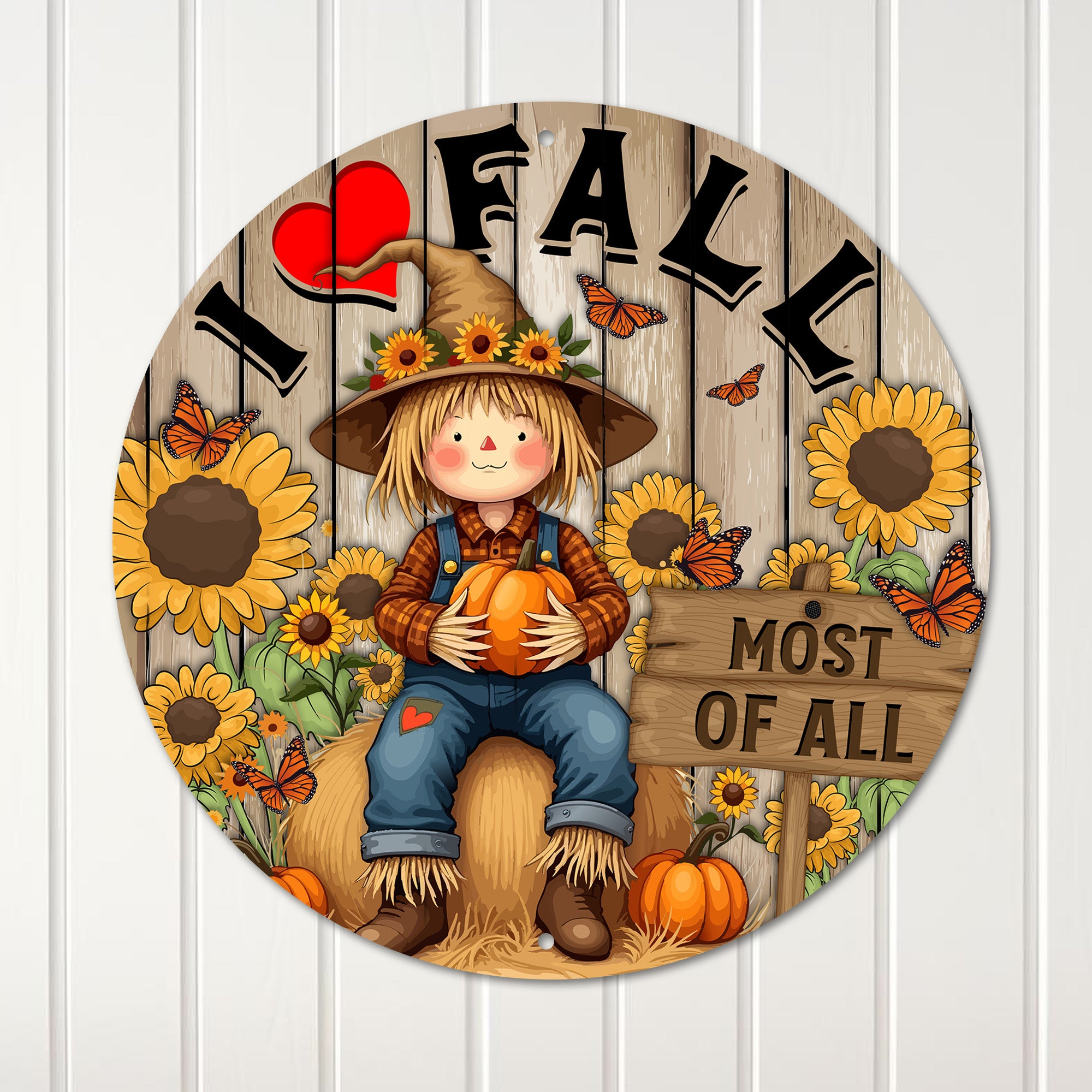 Personalized Fall Harvest Metal Sign – Charming Scarecrow with Pumpkins & Sunflowers for Autumn Decor - Image 1