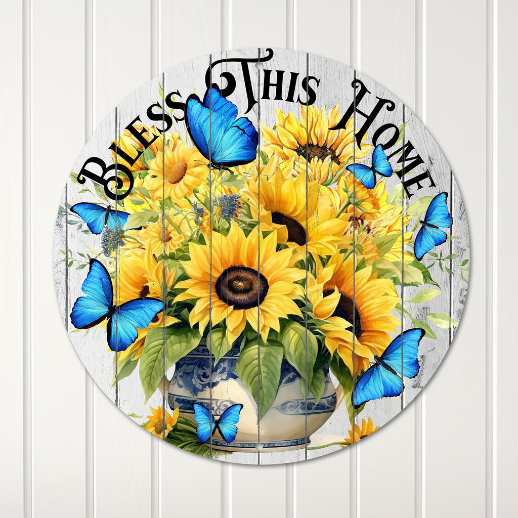 Personalized Sunflower and Blue Butterfly Metal Sign - Bless This Home Round Wall Art for Warm and Inviting Spaces - Image 1