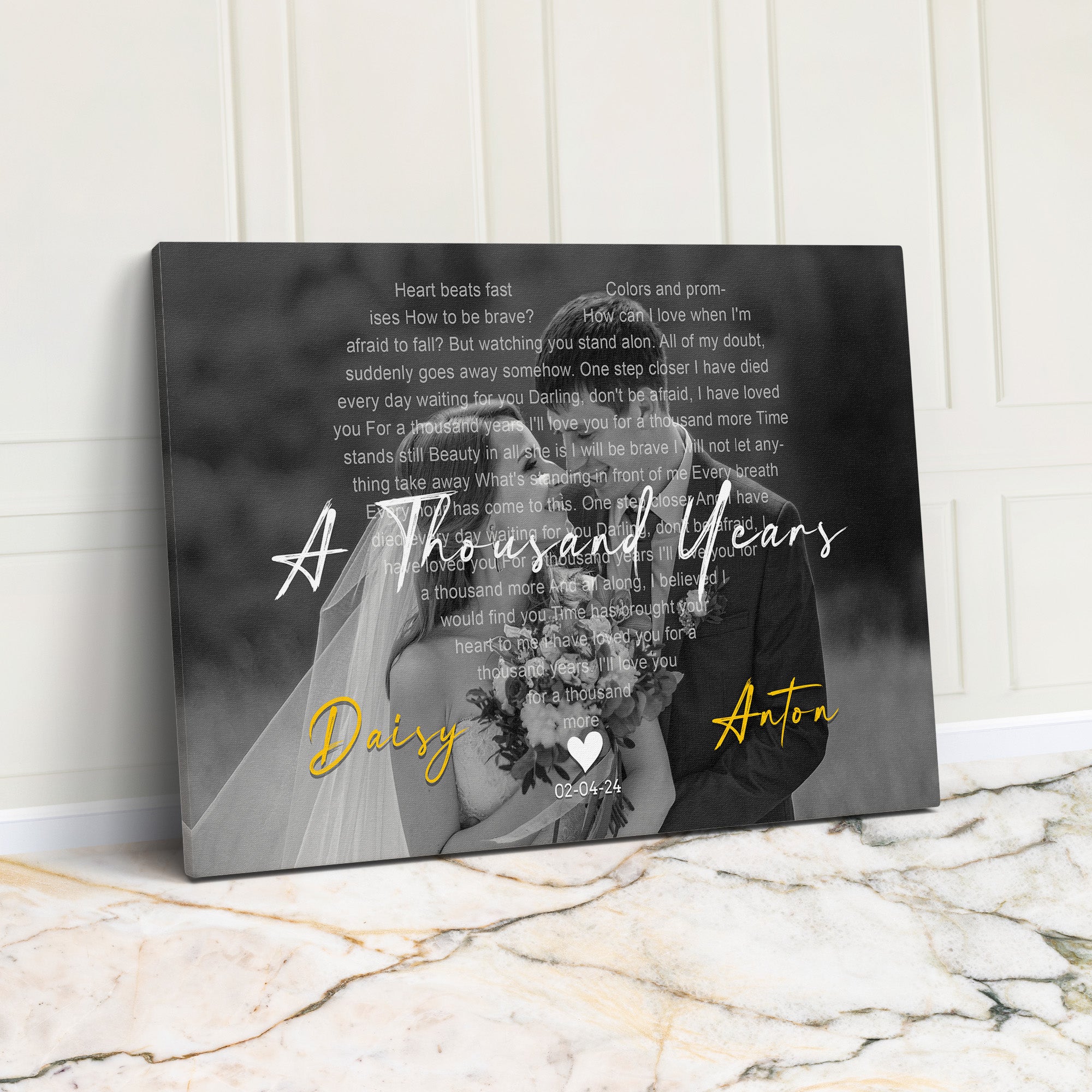 Personalized Wedding Photo Canvas with Song Lyrics – Custom Name & Date – Romantic Wall Art Gift for Newlyweds - Image 1