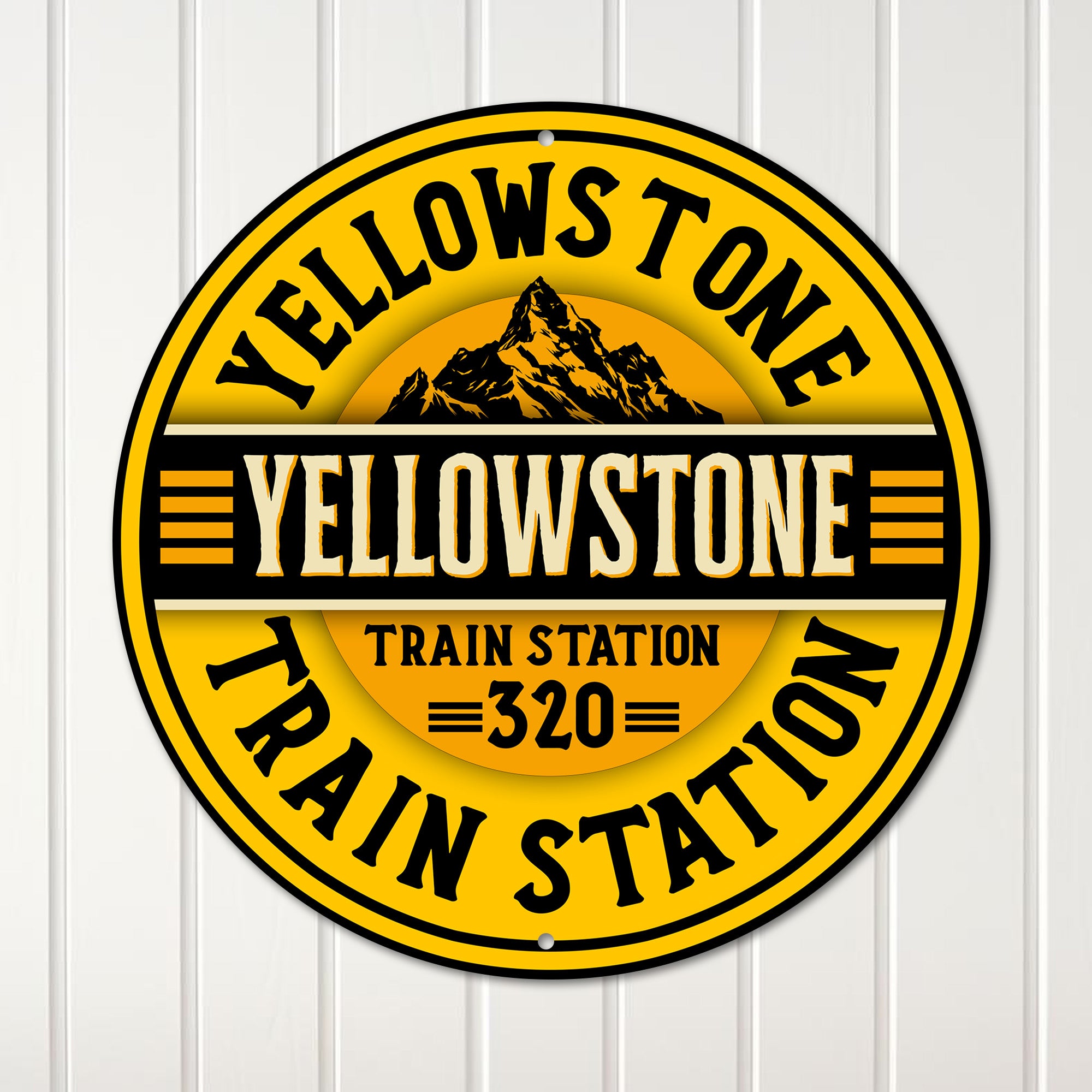 Personalized Yellowstone Train Station Metal Sign - Custom Round Home Decor with Rustic Mountain Design in Vibrant Yellow - Image 1