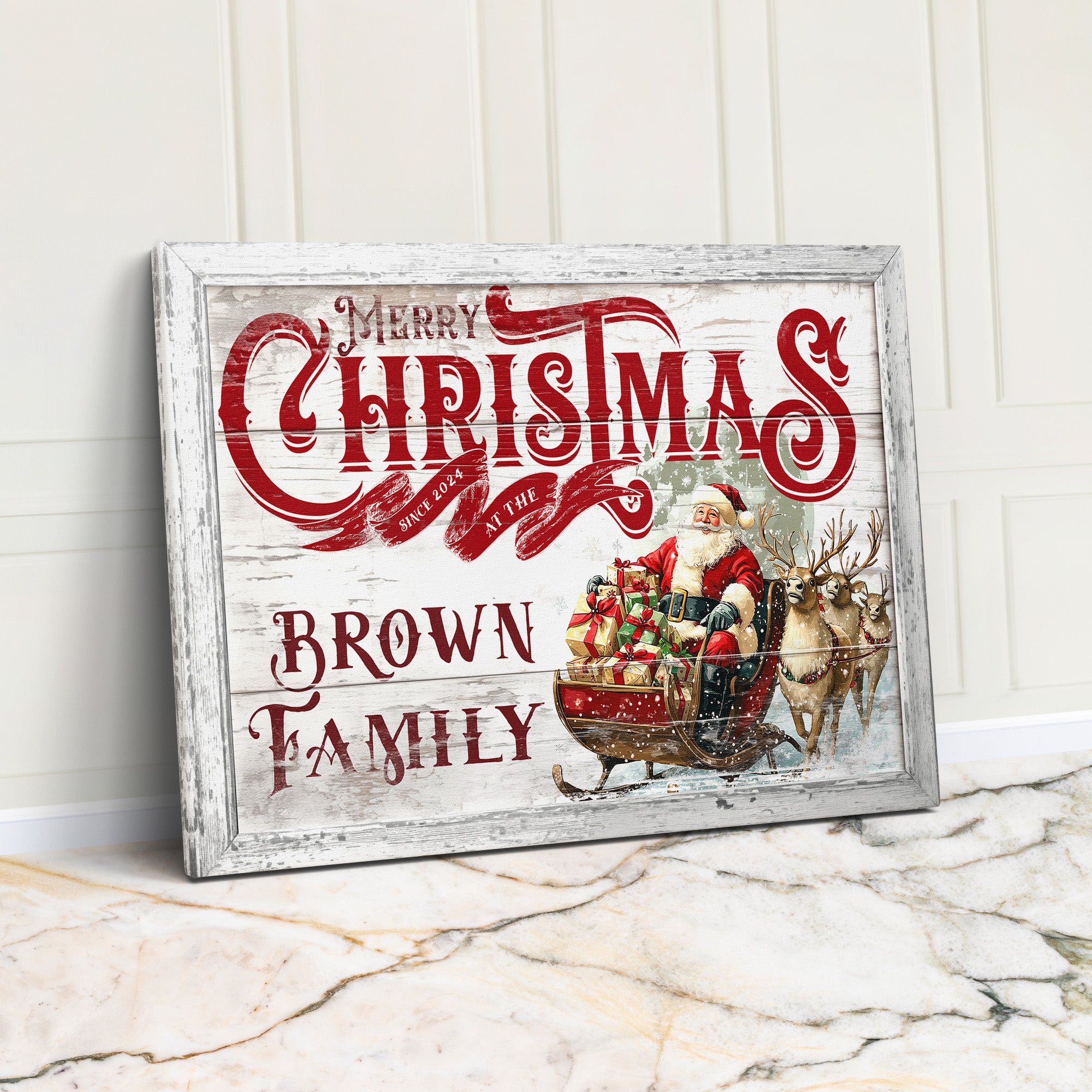 Personalized Christmas Canvas with Santa Sleigh - Custom Family Name Holiday Decor - Image 1