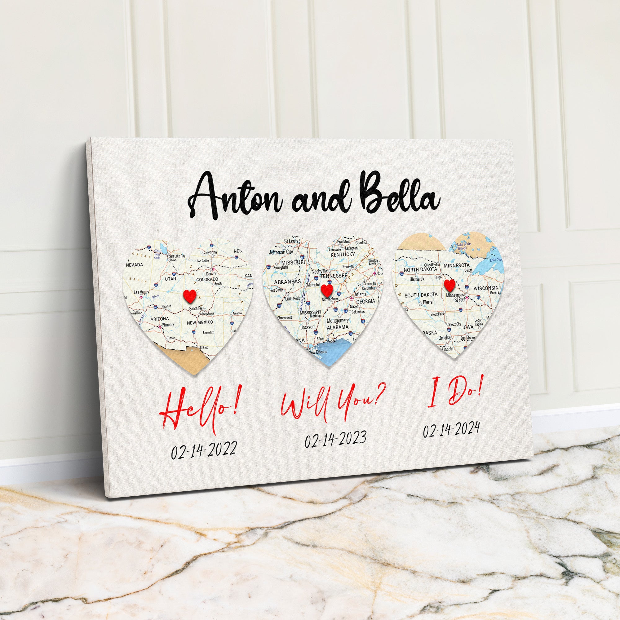 Personalized Milestone Heart Map Wedding Canvas - Custom Dates & Locations for Couples - Image 1