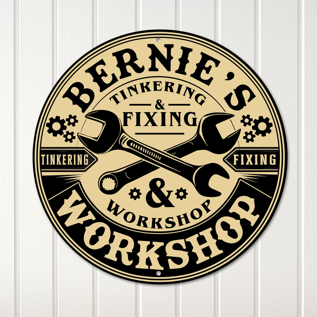 Personalized Metal Workshop Sign - Customizable Tinkering & Fixing Gift for Handyman's Garage or Home Decor - Image 1