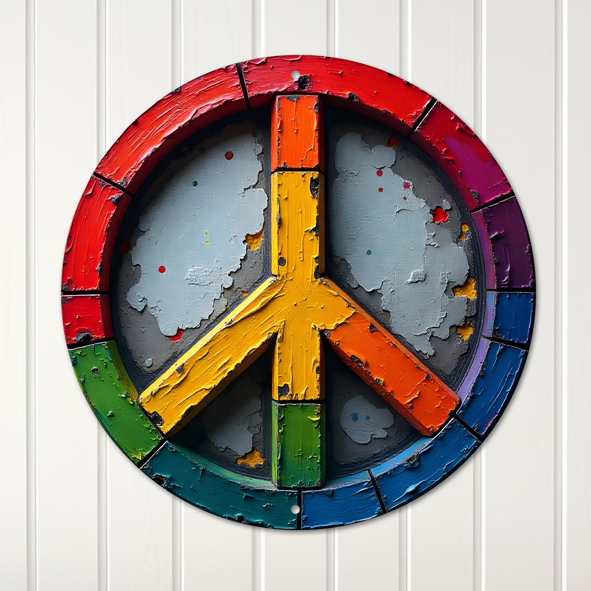 Personalized Peace Symbol Metal Wall Art in Vibrant Rainbow Palette for Unique Home Decor and Heartfelt Gift-Giving - Image 1