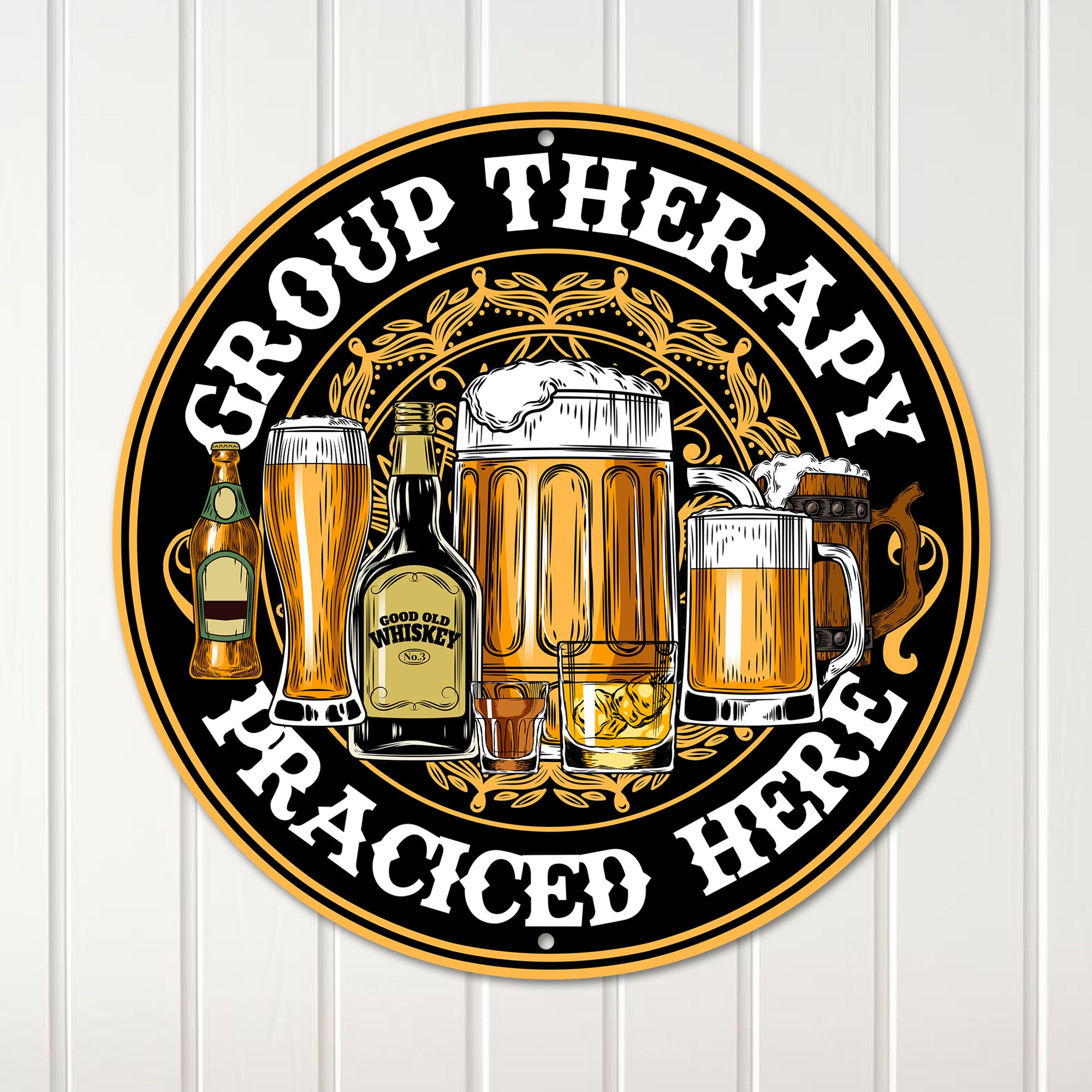 Personalized "Group Therapy Practiced Here" Round Metal Sign - Rustic Bar Decor for Beer & Whiskey Lovers - Image 1
