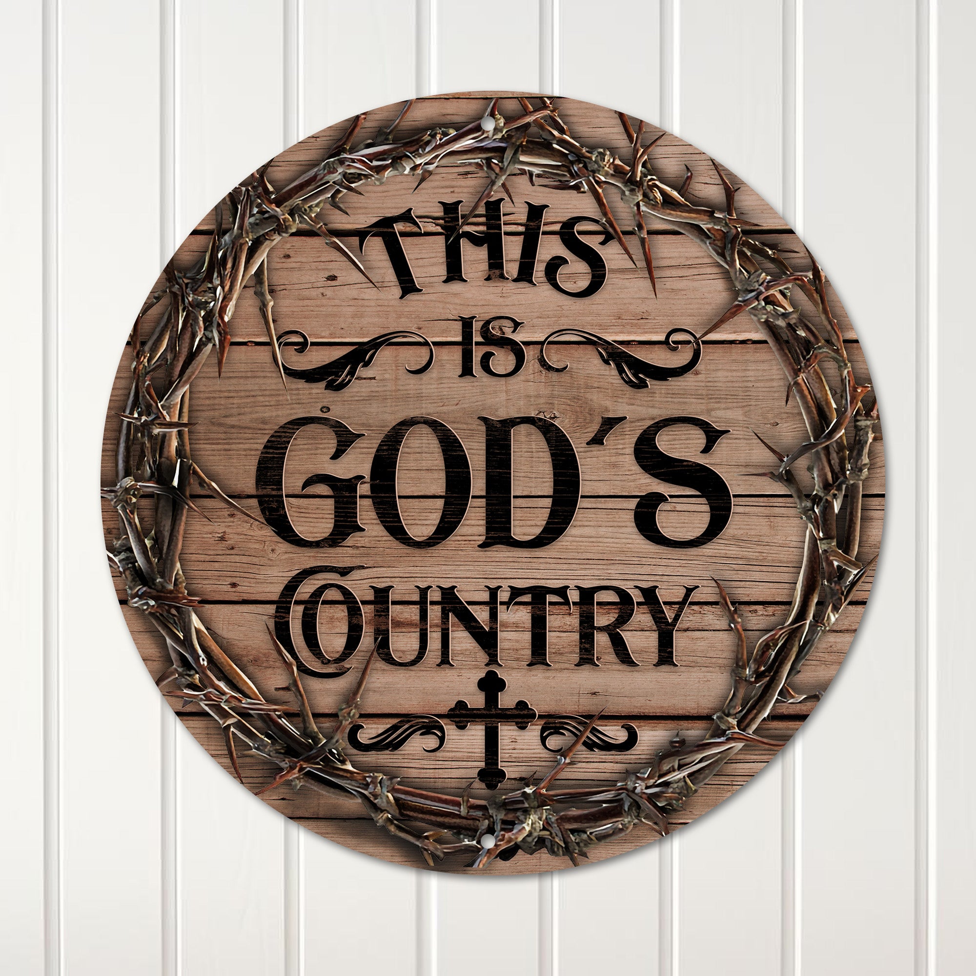 Personalized Round Metal Wall Sign - "God's Country" Rustic Design with Crown of Thorns and Oak Finish for Christian Home Decor - Image 1