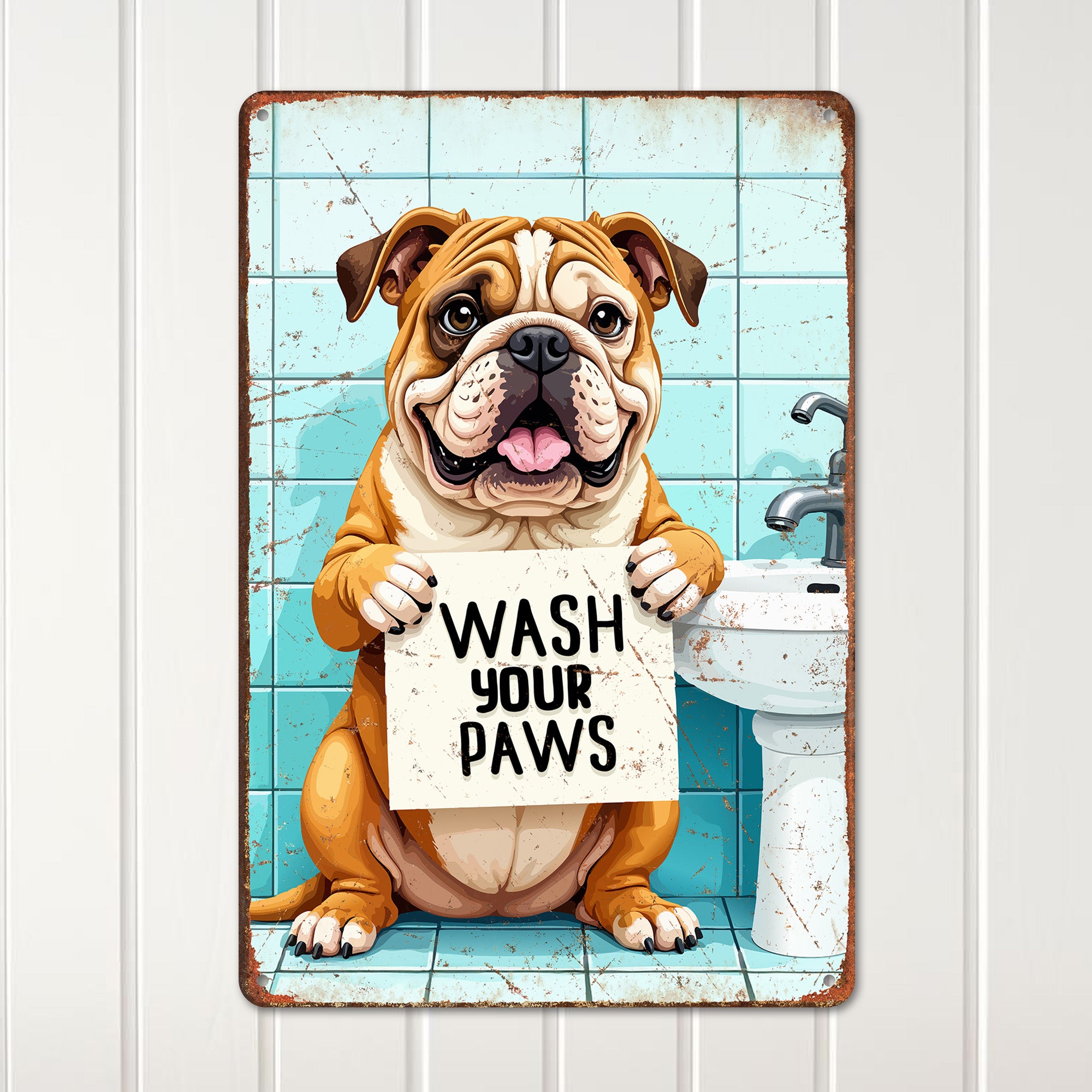 Personalized Bulldog Metal Sign - "Wash Your Paws" Bathroom Decor - Custom Bathroom Wall Art for Animal Lovers - Image 1