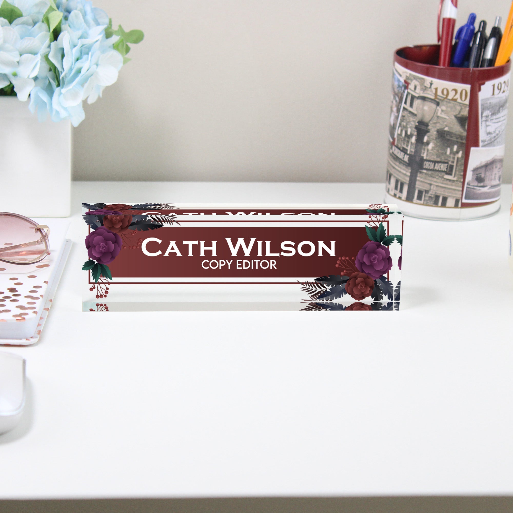 Personalized Floral Acrylic Desk Name Block - Elegant Custom Gift for Copy Editors & Professionals - Image 2