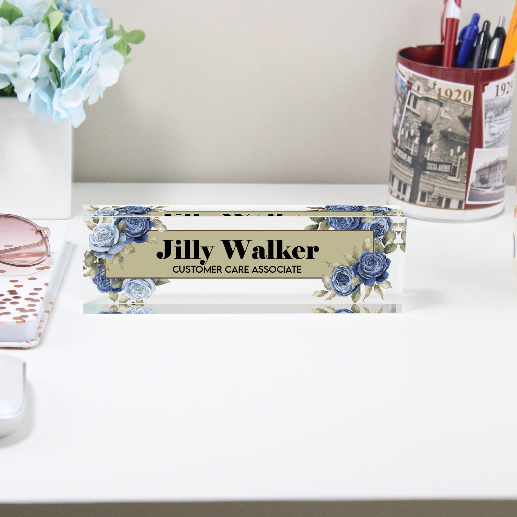 Personalized Acrylic Desk Block with Floral Design - Custom Nameplate for Office or Home Décor - Image 2