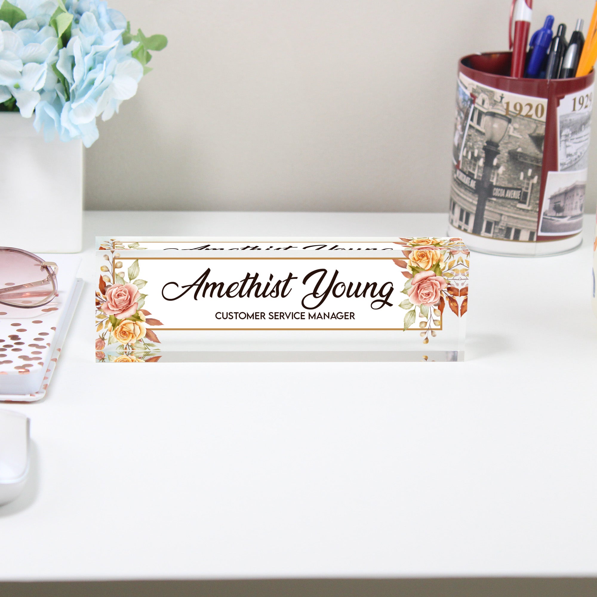 Personalized Floral Acrylic Desk Nameplate - Elegant Custom Gift for Office Decor, Moms, and Customer Service Managers - Image 2