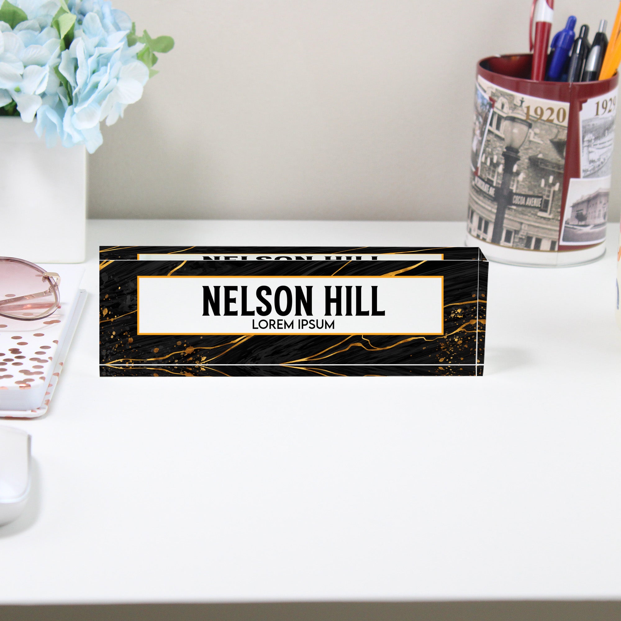 Personalized Marble Acrylic Desk Block - Luxurious Black and Gold Nameplate, Perfect Custom Gift for Offices, Birthdays, and Special Occasions - Image 2