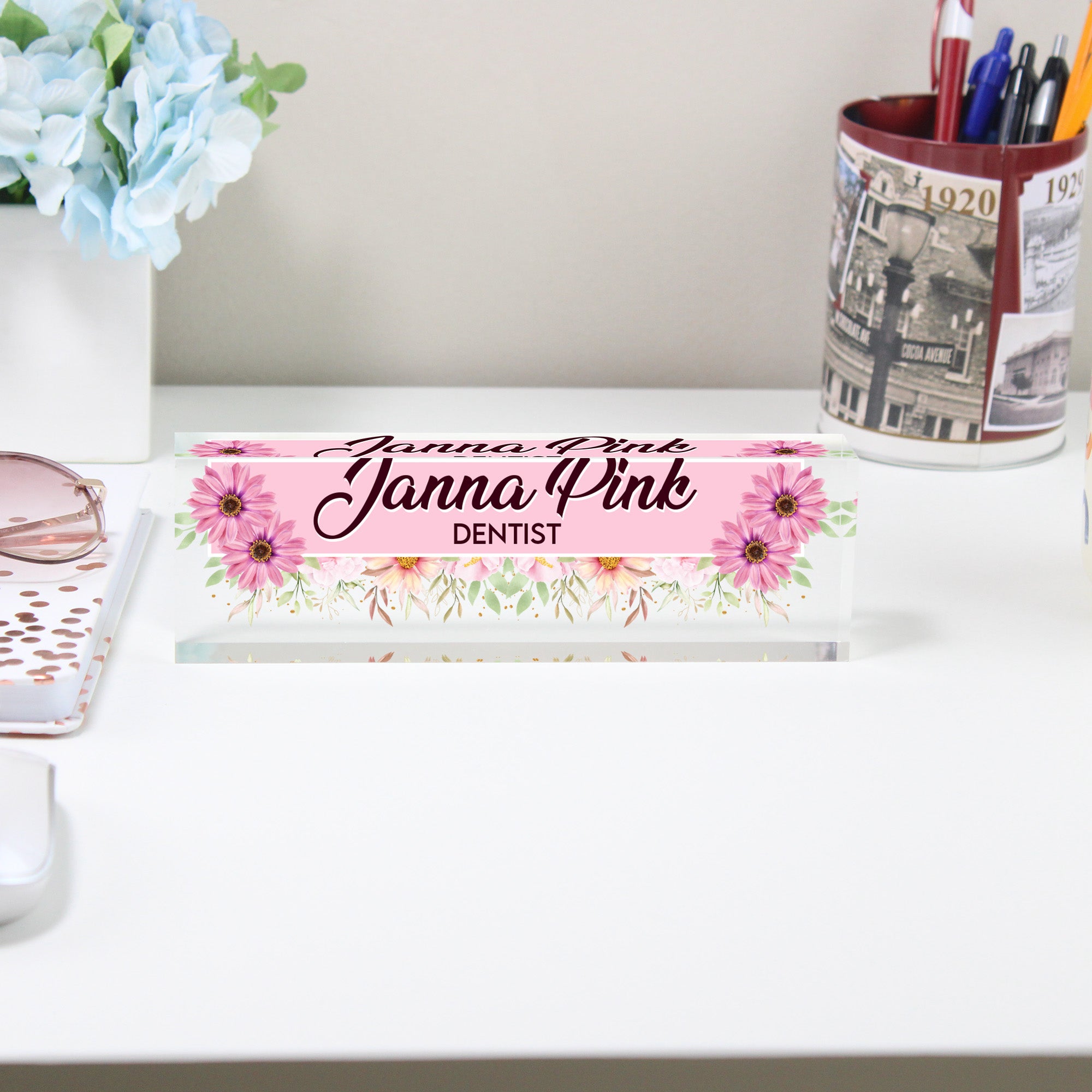 Personalized Floral Acrylic Desk Block Nameplate - Custom Gift for Dentists, Office Decor, and More - Image 2