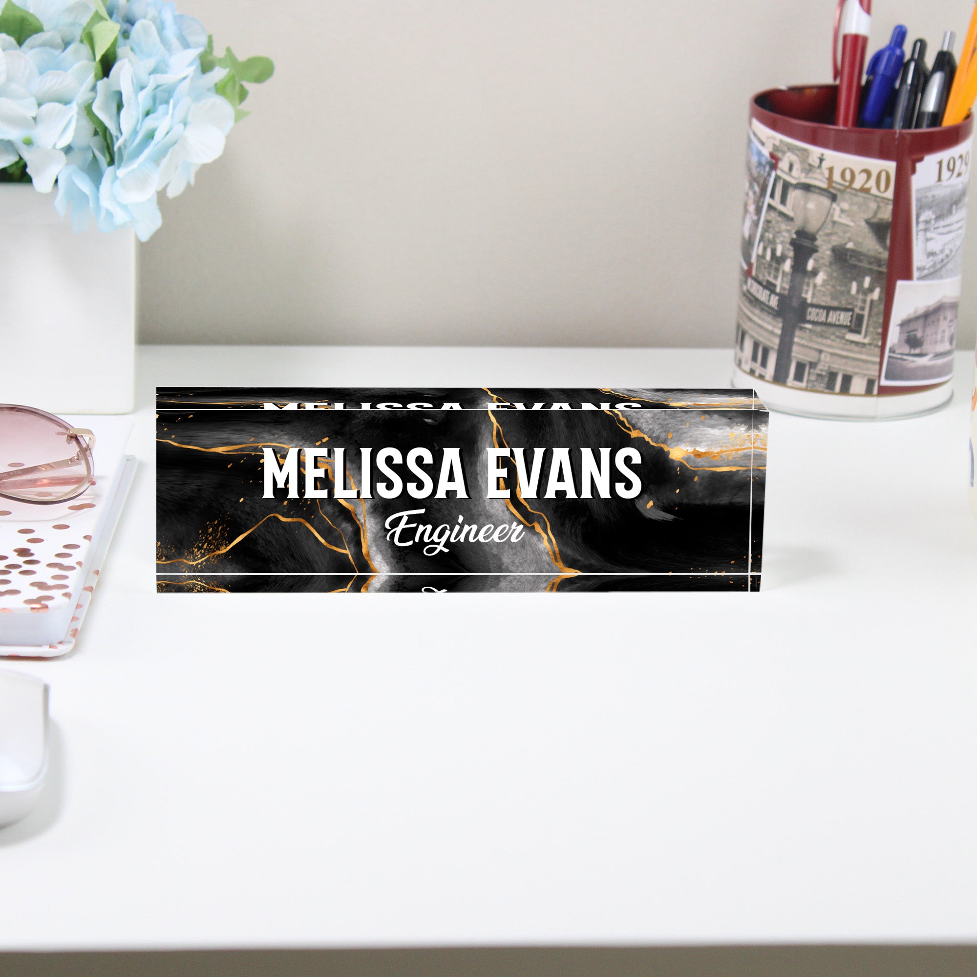Personalized Acrylic Desk Block for Engineers - Custom Nameplate with Elegant Black Marble Design - Image 2