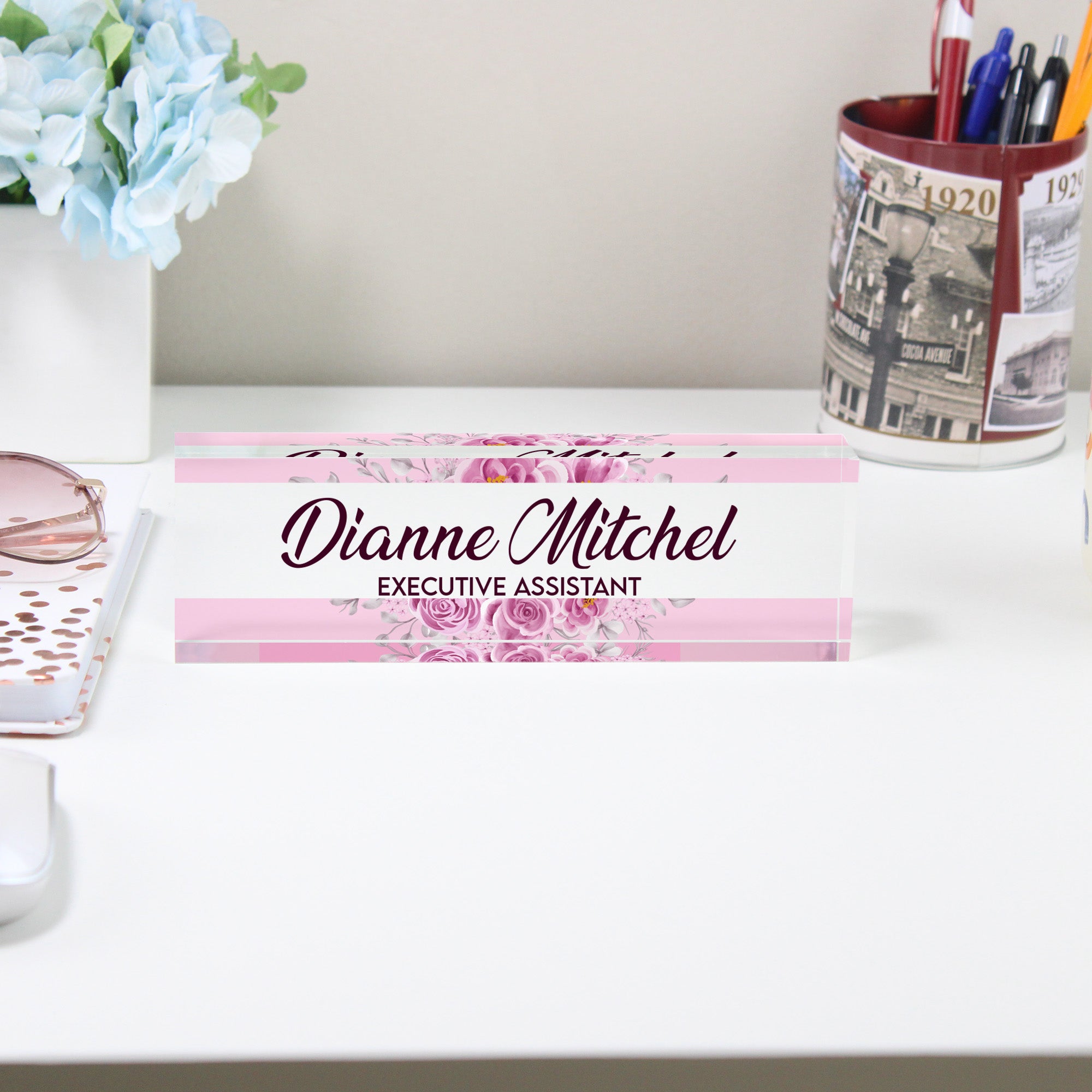 Personalized Executive Assistant Acrylic Desk Block - Elegant Floral Design for Custom Office Decor and Unique Gift Giving - Image 2