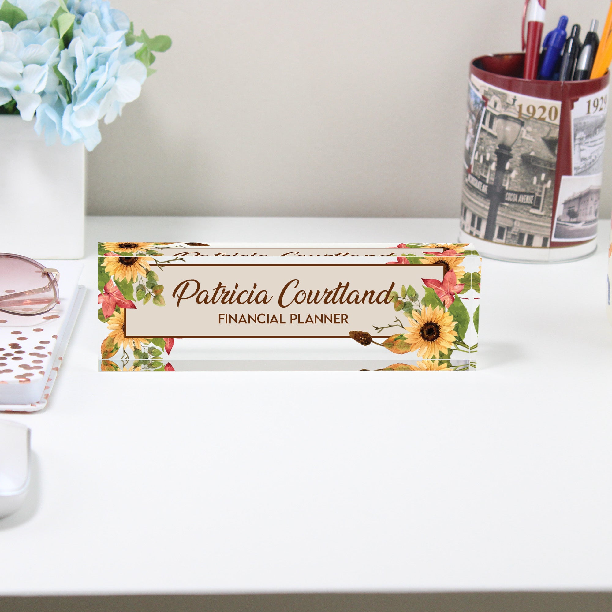 Personalized Floral Acrylic Desk Block - Custom Nameplate for Financial Planners, Handcrafted Gift for Professionals - Image 2