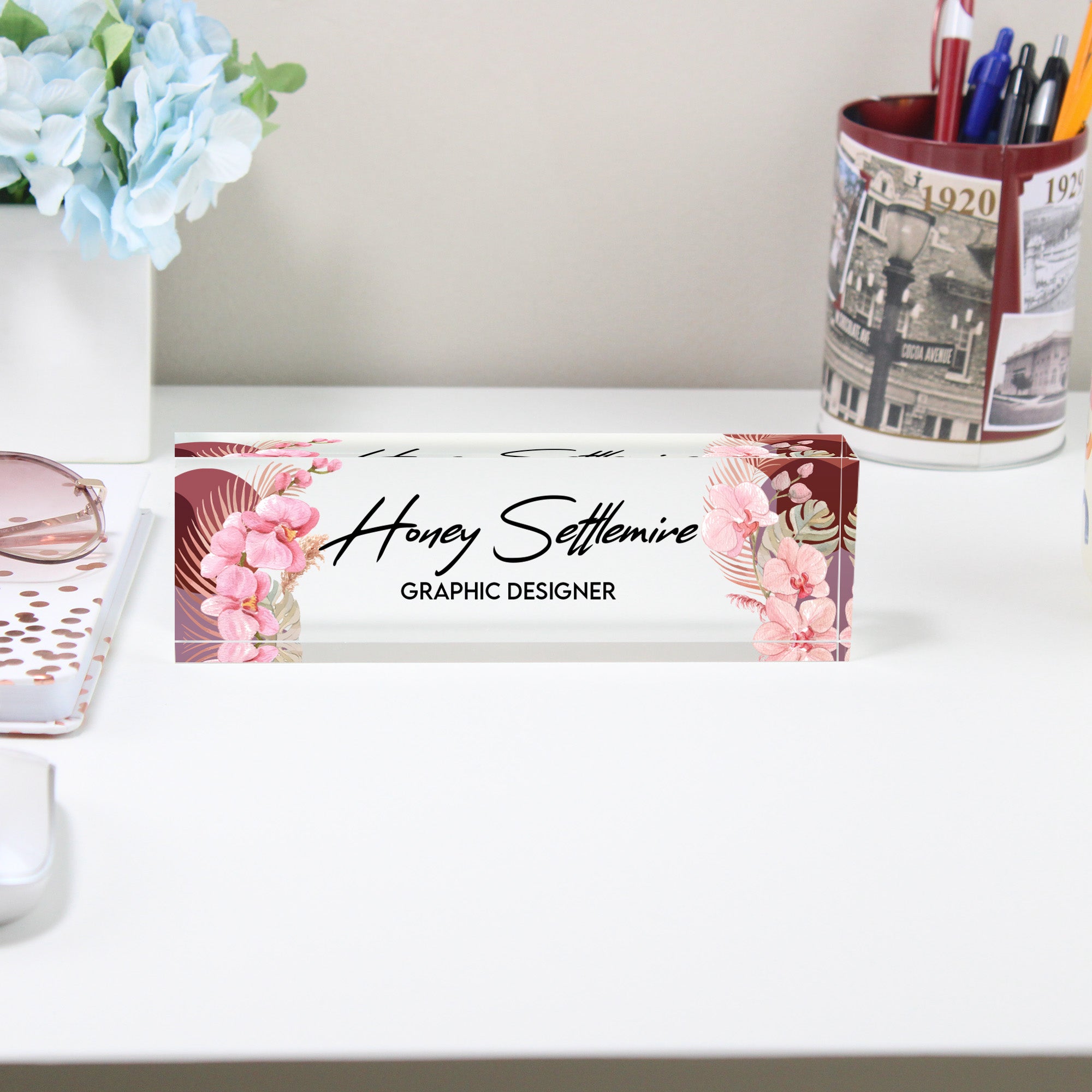 Personalized Floral Acrylic Desk Block - Custom Name Plate for Graphic Designers - Elegant Office Decor and Gift - Image 2