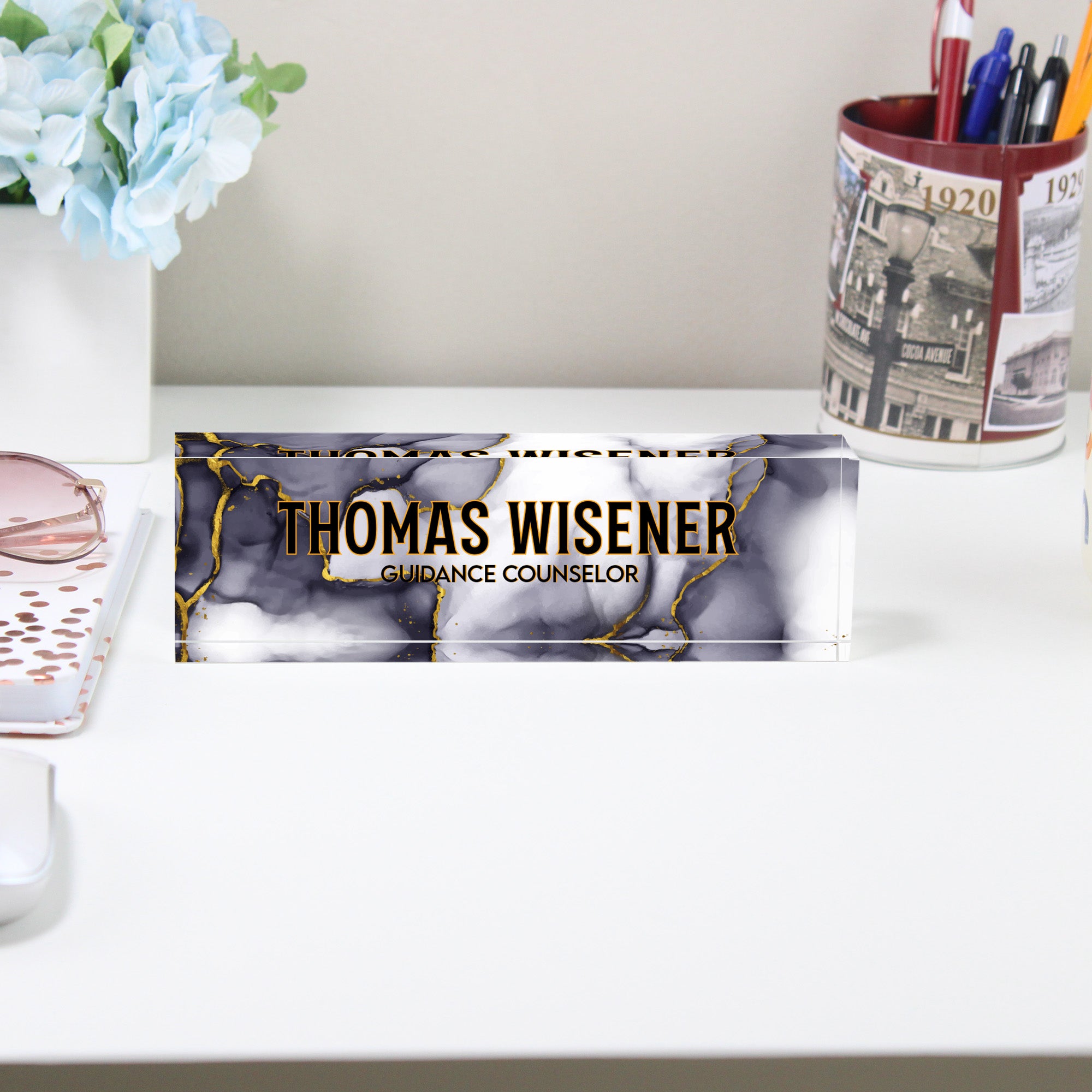 Personalized Marble Acrylic Desk Block with Gold Accents - Custom Nameplate for Guidance Counselors - Image 2